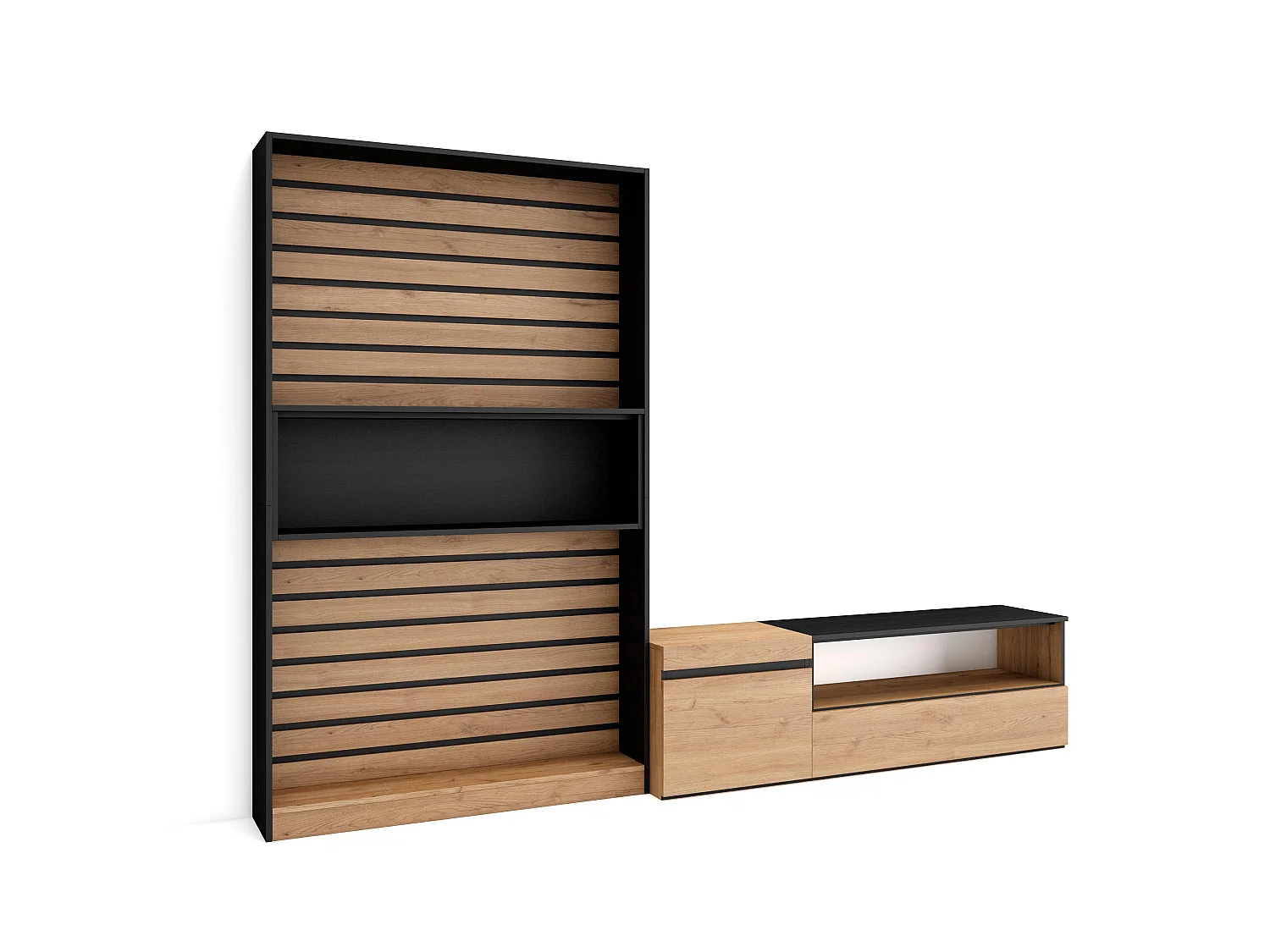 Conjunto de móveis TV, 260x35x186cm, Para televisores até 65", Estante para TV, Carvahlo e preto