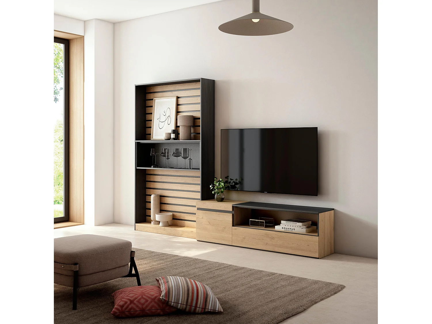 Conjunto de móveis TV, 260x35x186cm, Para televisores até 65", Estante para TV, Carvahlo e preto