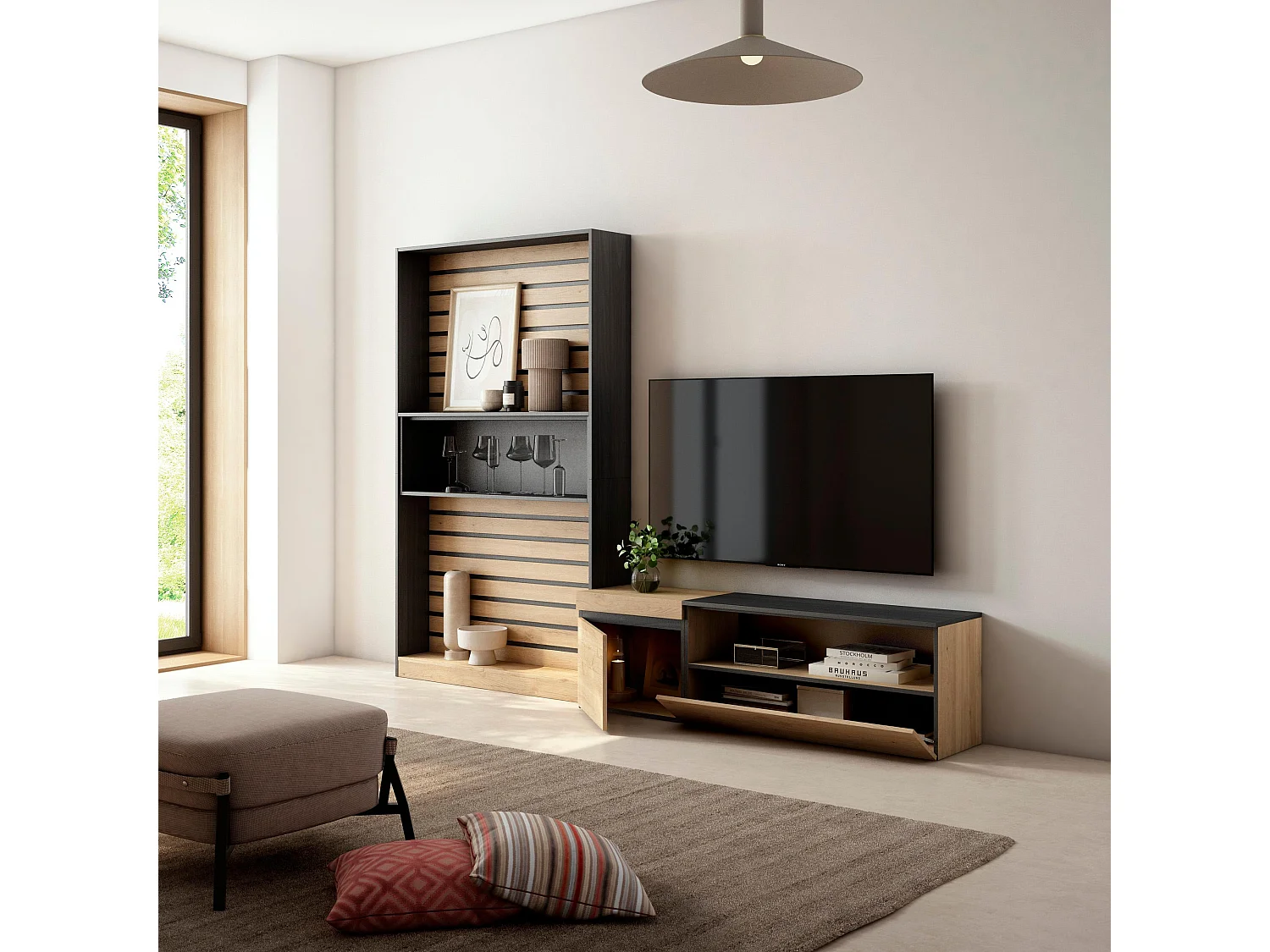 Conjunto de móveis TV, 260x35x186cm, Para televisores até 65", Estante para TV, Carvahlo e preto