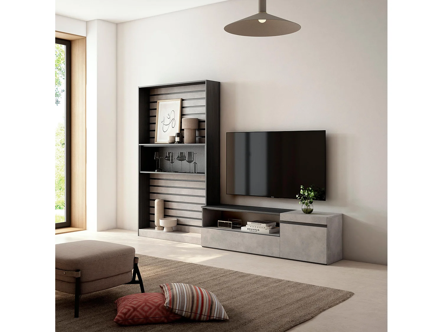 Ensemble Meuble TV, 260x186x35cm, Pour les TV jusqu'à 65", Salon Complet, Ciment