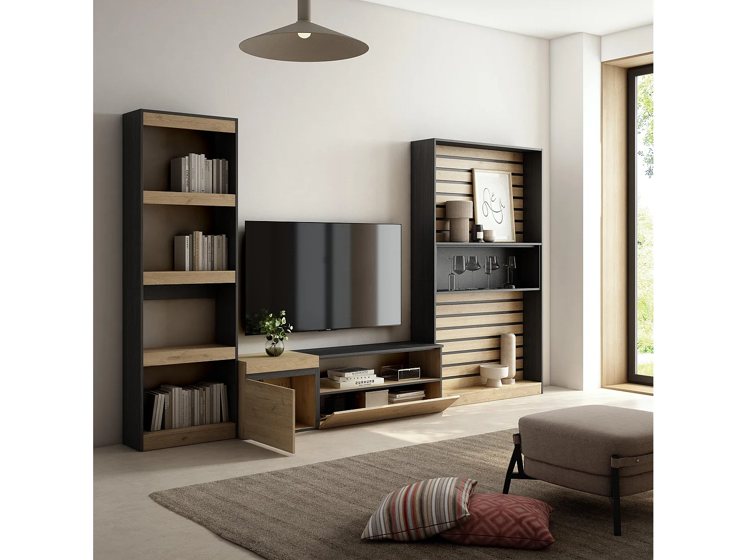 Ensemble Meuble TV, 320x35x186cm, Salon Complet, Chêne et noir