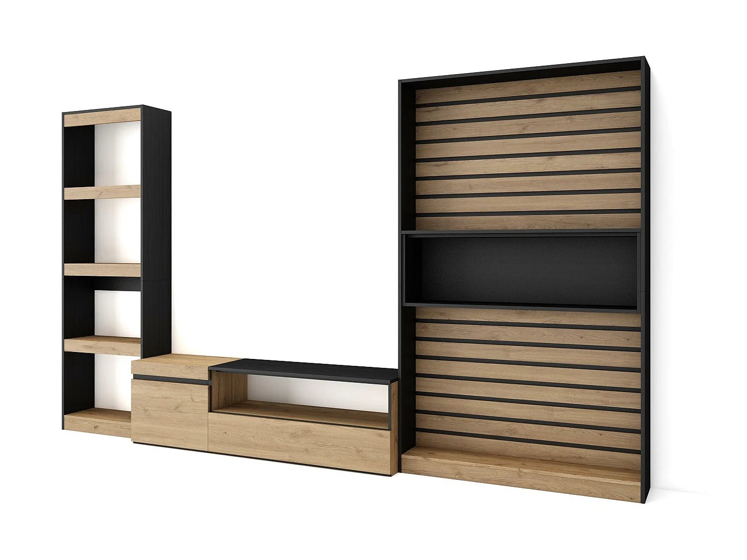 Ensemble Meuble TV, 320x35x186cm, Salon Complet, Chêne et noir