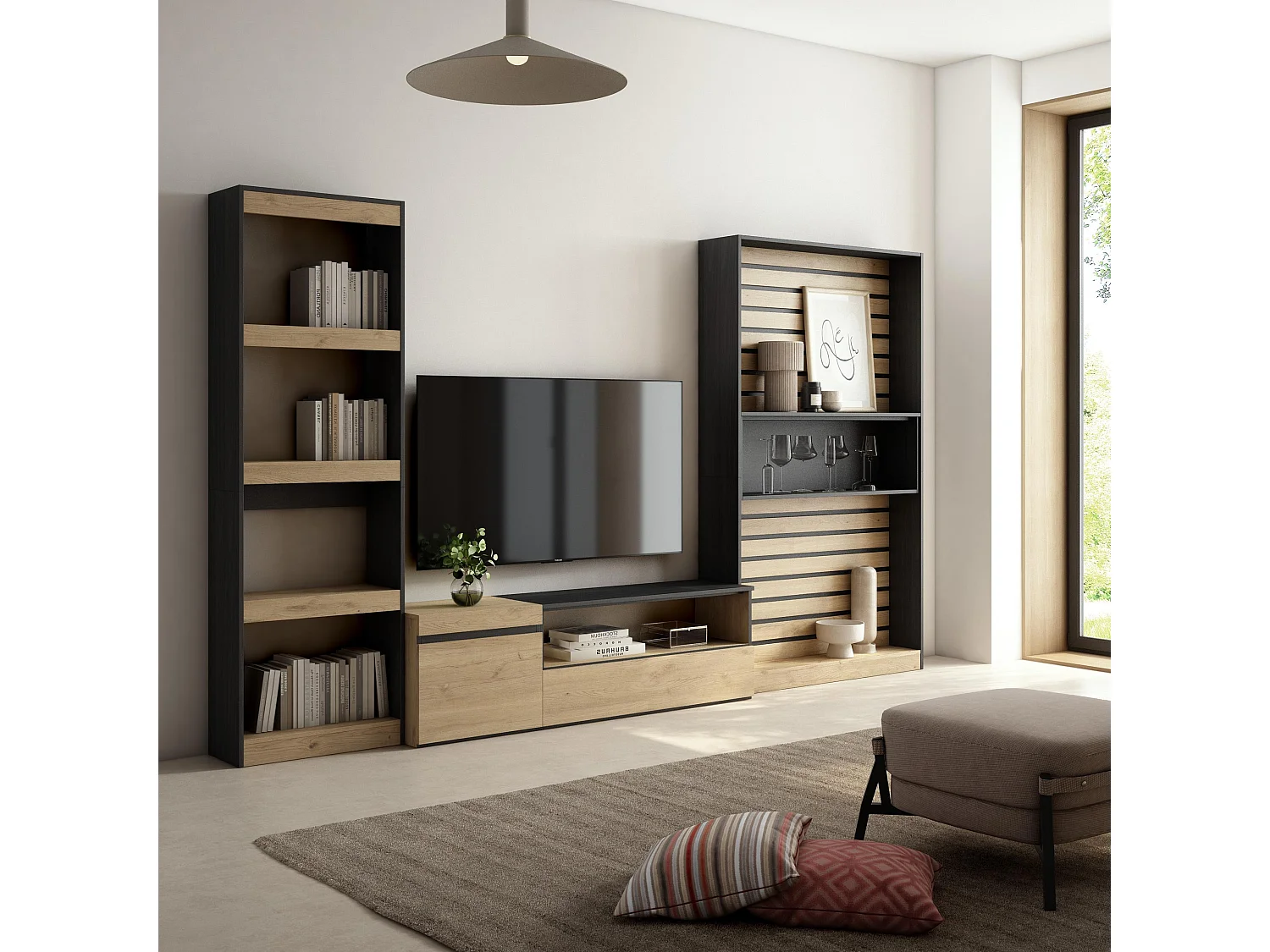 Ensemble Meuble TV, 320x35x186cm, Salon Complet, Chêne et noir