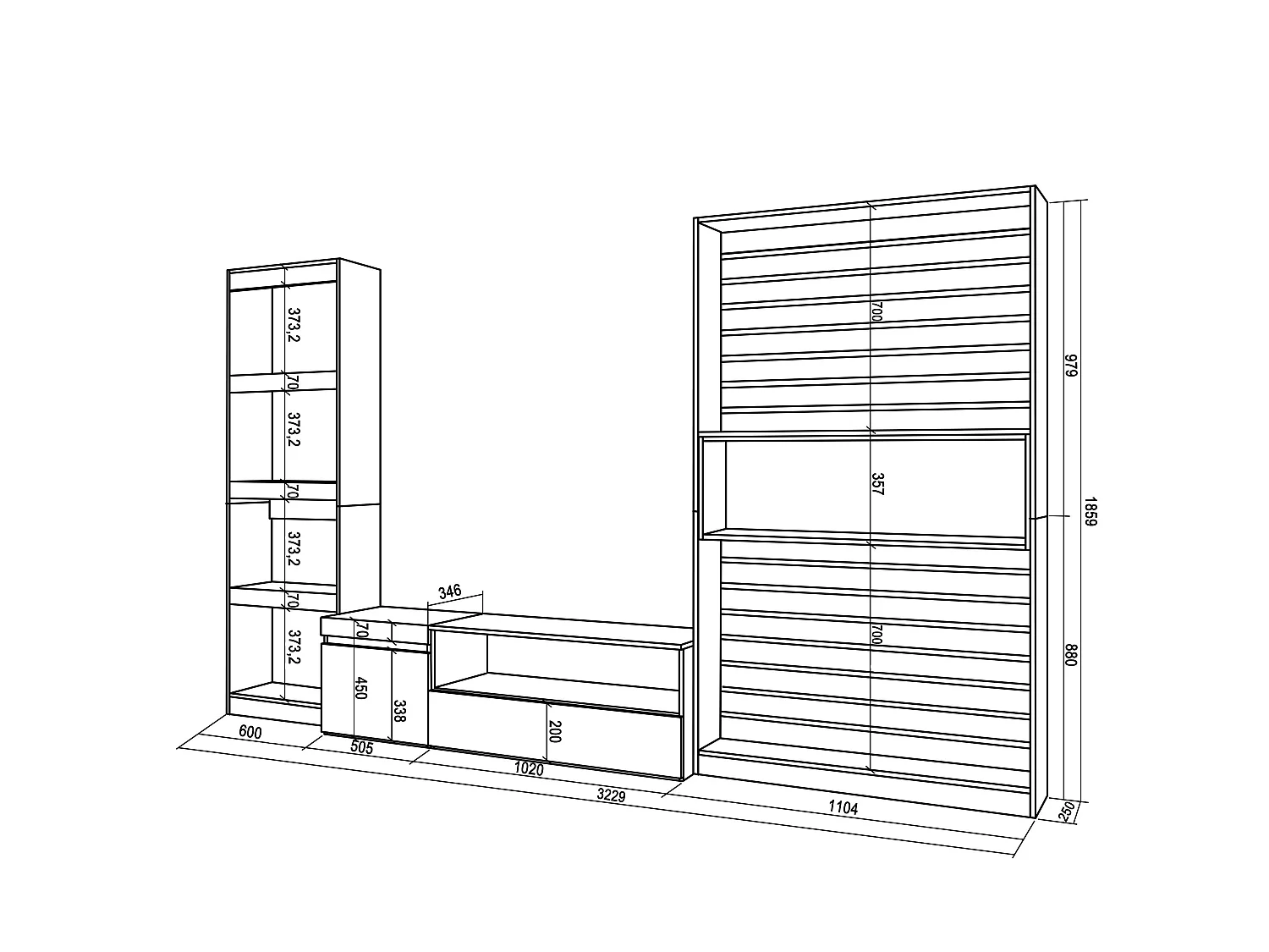 Ensemble Meuble TV, 320x35x186cm, Salon Complet, Chêne et noir
