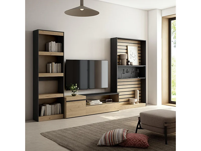 Ensemble Meuble TV, 320x35x186cm, Salon Complet, Chêne et noir
