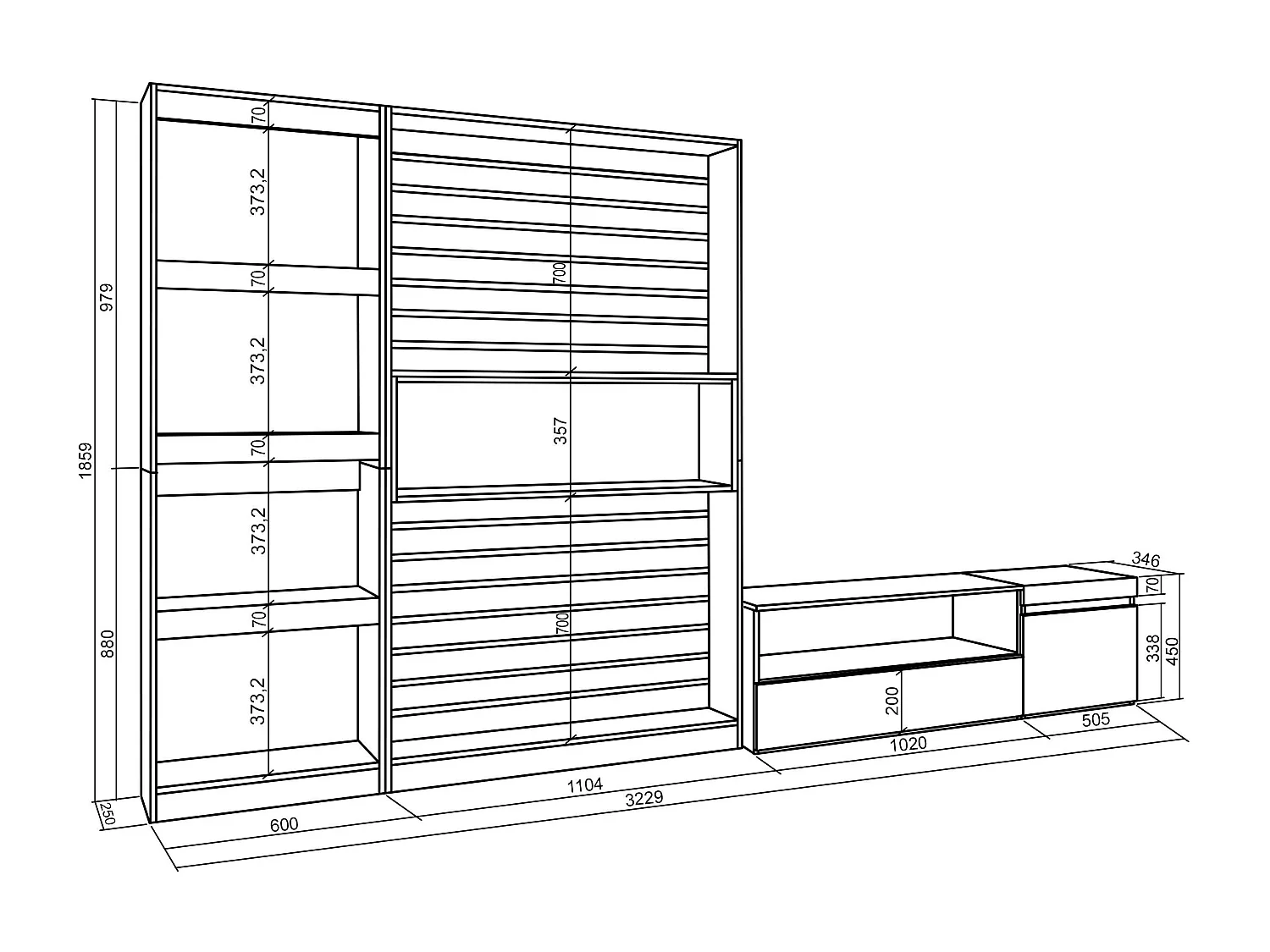 Ensemble Meuble TV, 320x186x35cm, Salon Complet, Ciment