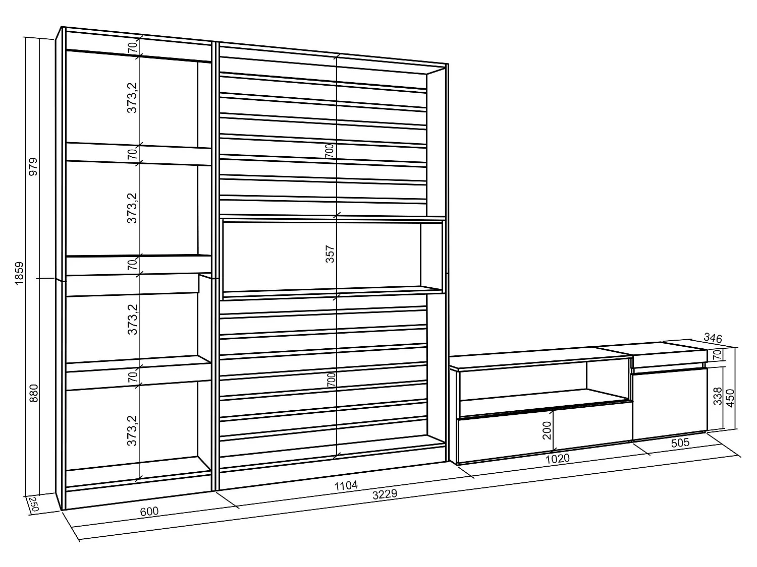 Ensemble Meuble TV, 320x186x35cm, Salon Complet, Ciment