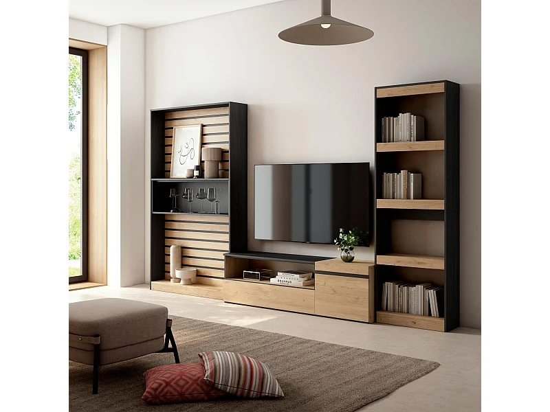 Ensemble Meuble TV, 320x35x186cm, Salon Complet, Chêne et noir