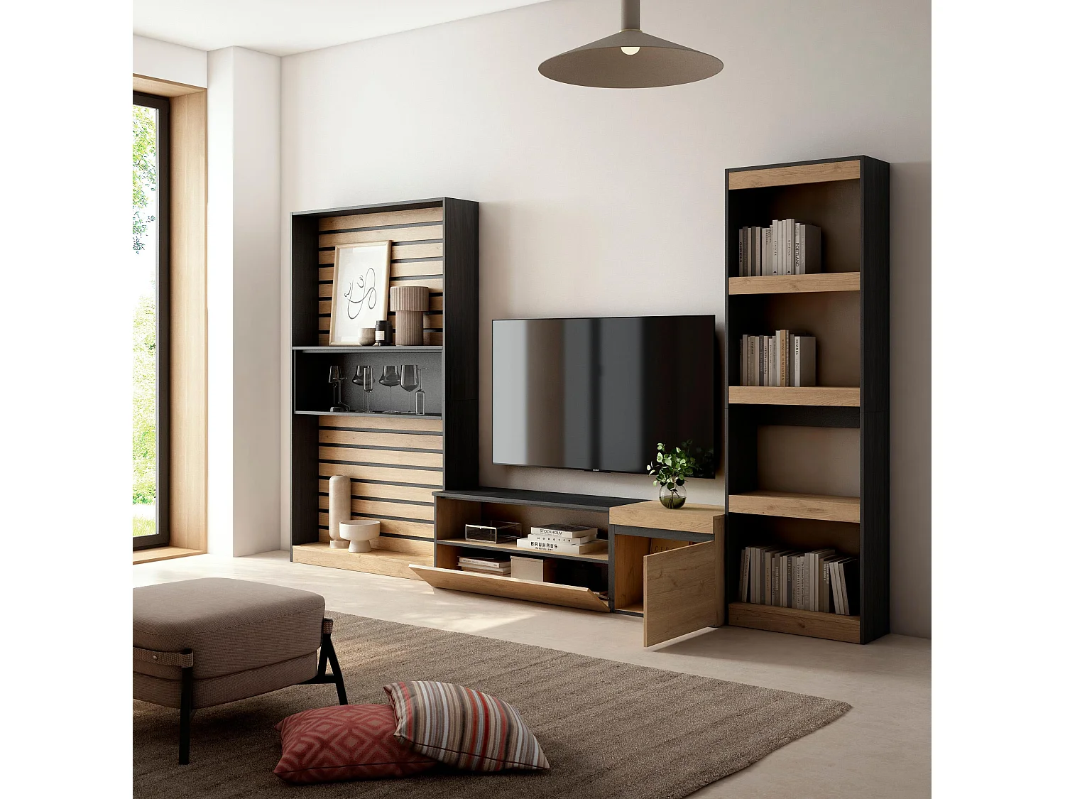 Muebles de Salón para TV, 320x35x186cm, Mueble Televisión, Roble y negro