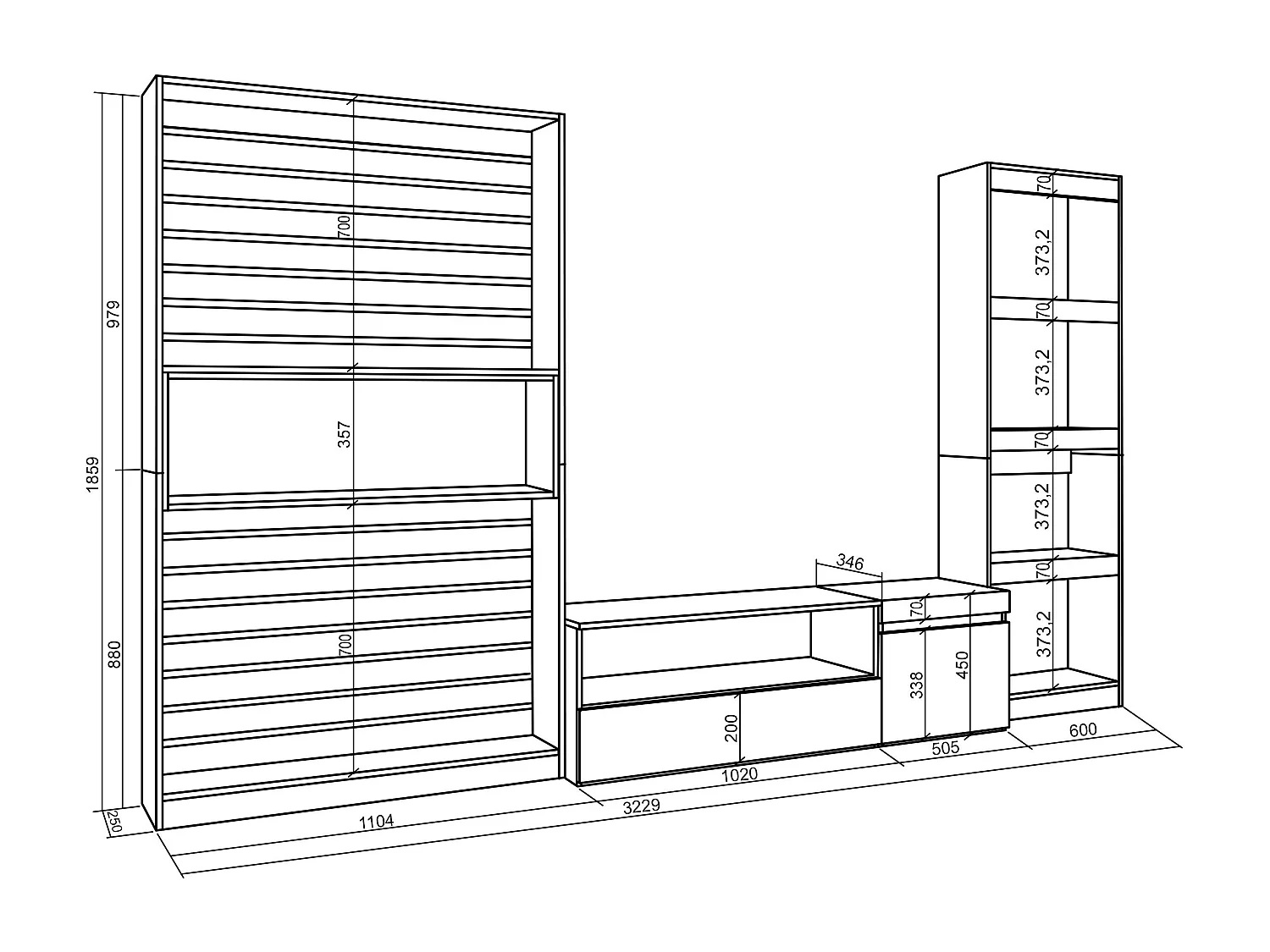 Muebles de Salón para TV, 320x35x186cm, Mueble Televisión, Roble y negro