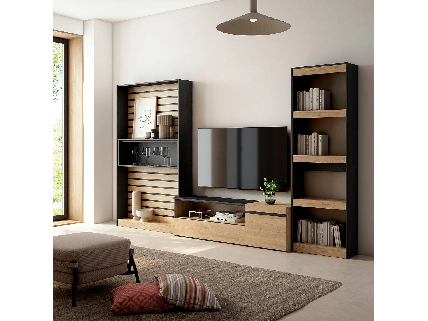 Ensemble Meuble TV, 320x35x186cm, Salon Complet, Chêne et noir