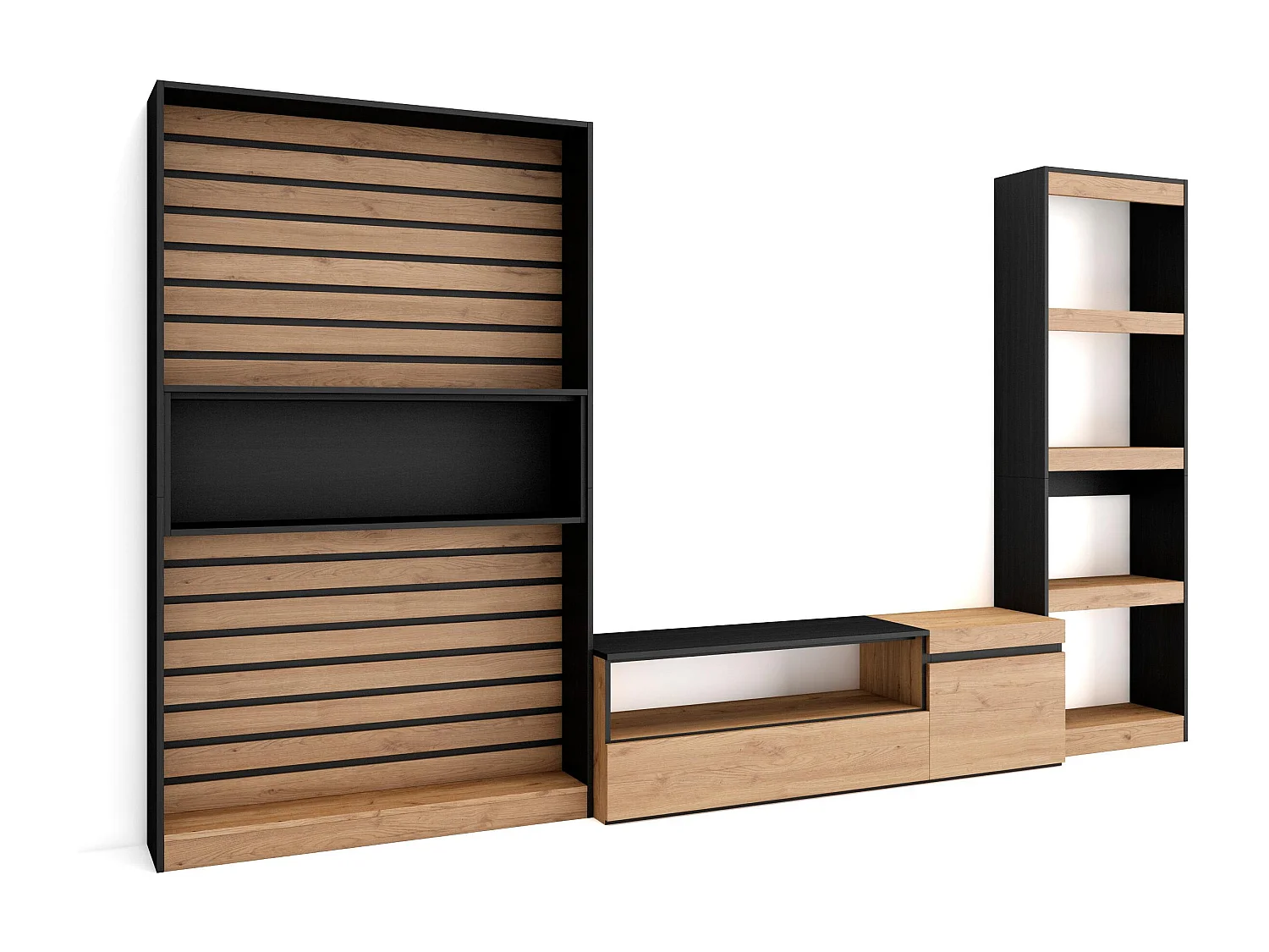 Ensemble Meuble TV, 320x35x186cm, Salon Complet, Chêne et noir