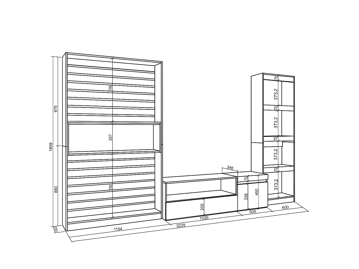 Ensemble Meuble TV, 320x35x186cm, Salon Complet, Chêne et noir