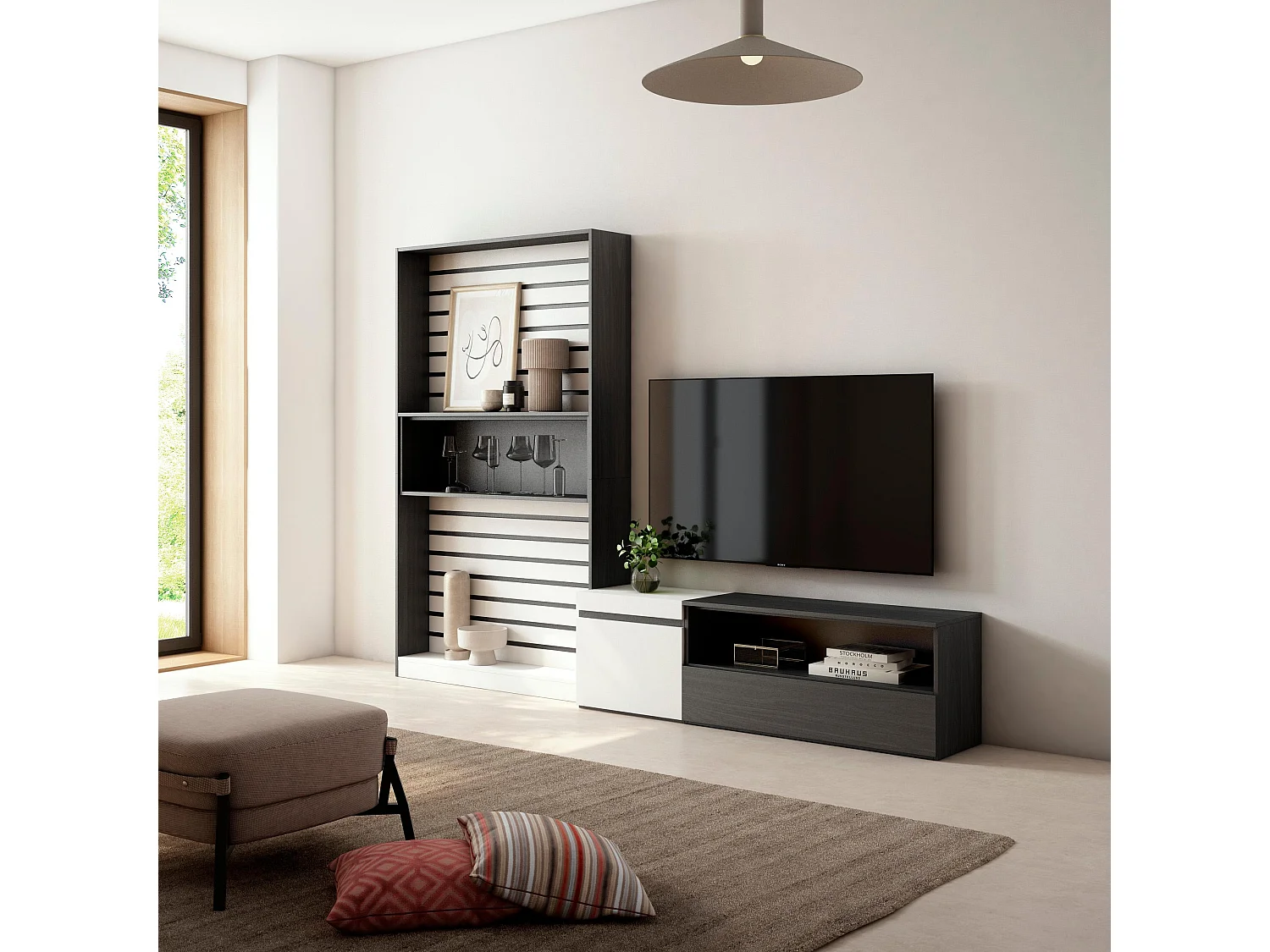 Wohnwand Wohnzimmer, 260x35x186cm, Für TV-Geräte bis zu 65", Wohnzimmer Möbel , Weiß und Schwarz