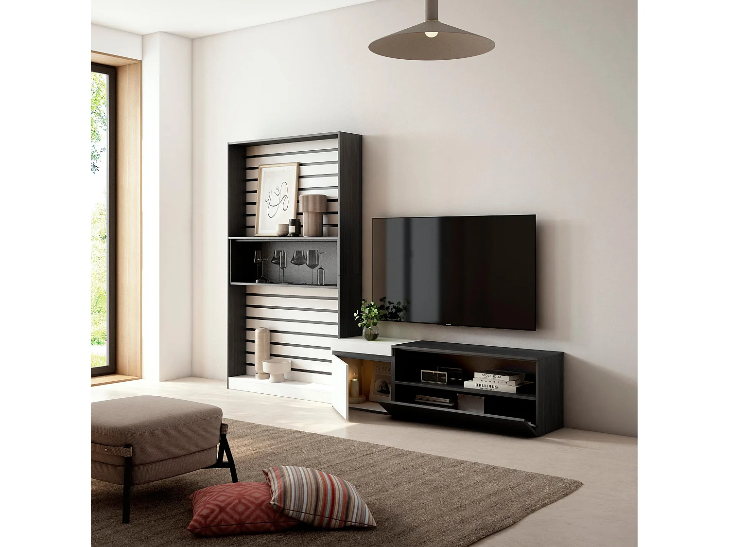 Wohnwand Wohnzimmer, 260x35x186cm, Für TV-Geräte bis zu 65", Wohnzimmer Möbel , Weiß und Schwarz