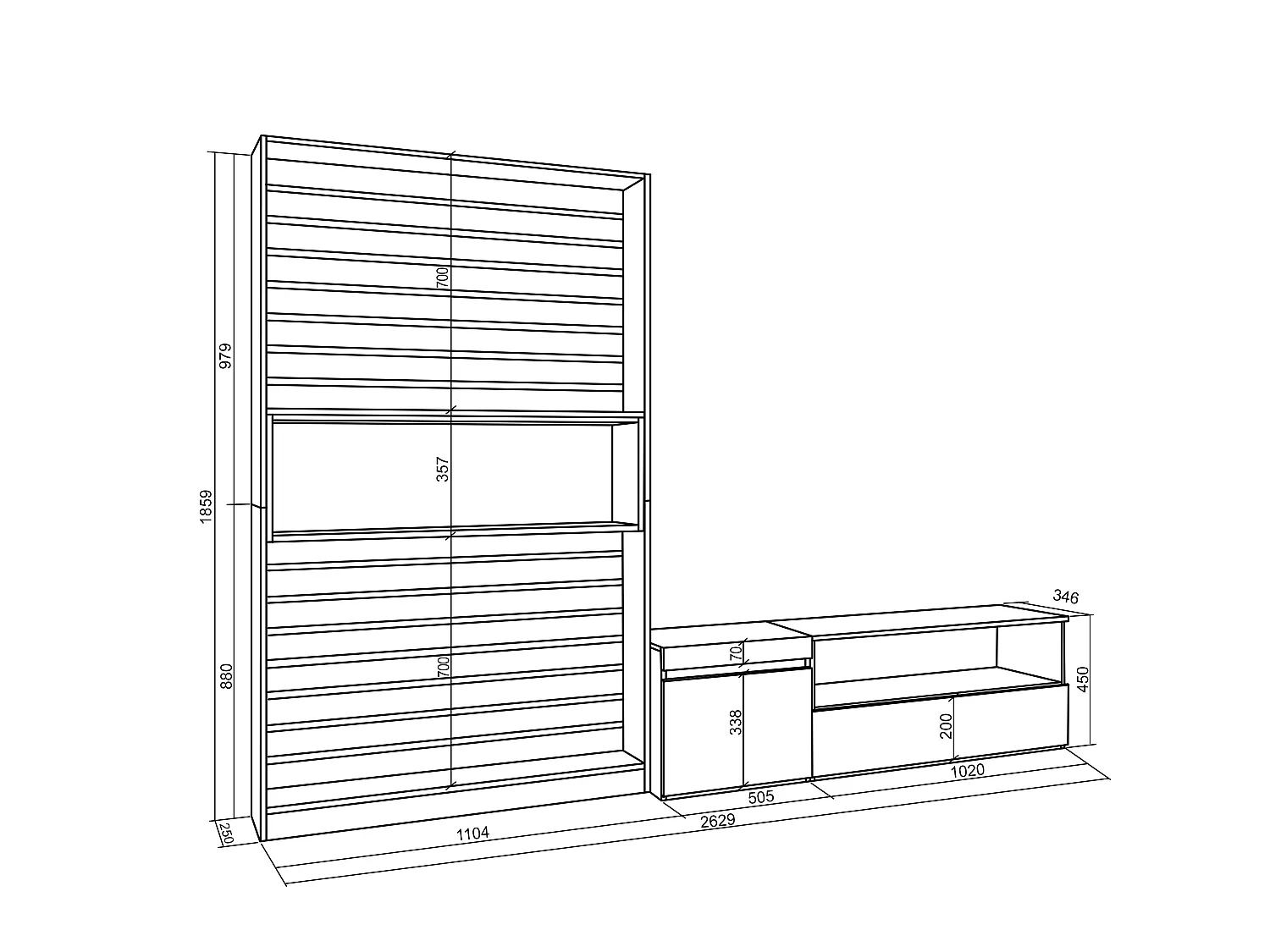 Wohnwand Wohnzimmer, 260x35x186cm, Für TV-Geräte bis zu 65", Wohnzimmer Möbel , Weiß und Schwarz
