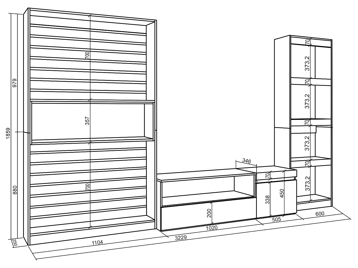 Ensemble Meuble TV, 320x186x35cm, Salon Complet, Blanc et noir