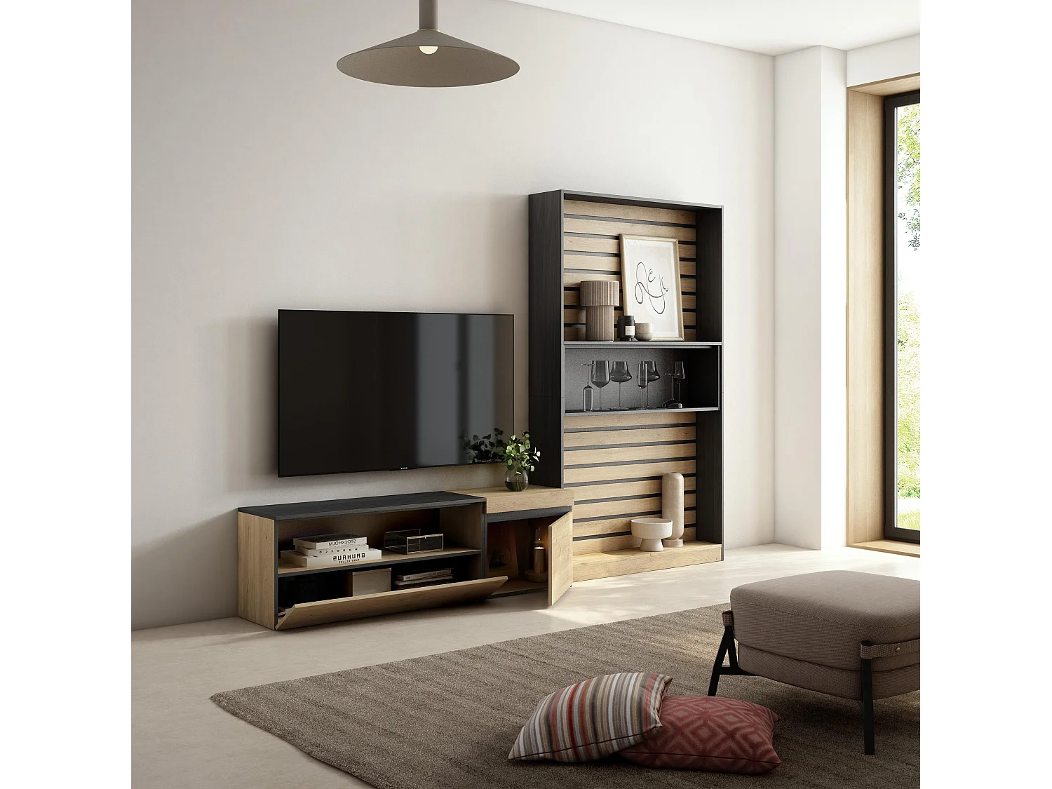 Ensemble Meuble TV, 260x35x186cm, Pour les TV jusqu'à 65", Salon Complet, Chêne et noir