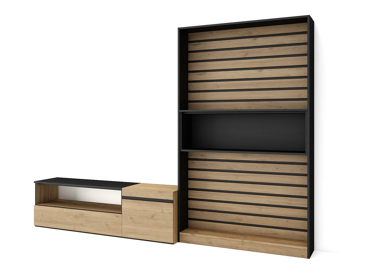 Ensemble Meuble TV, 260x35x186cm, Pour les TV jusqu'à 65", Salon Complet, Chêne et noir