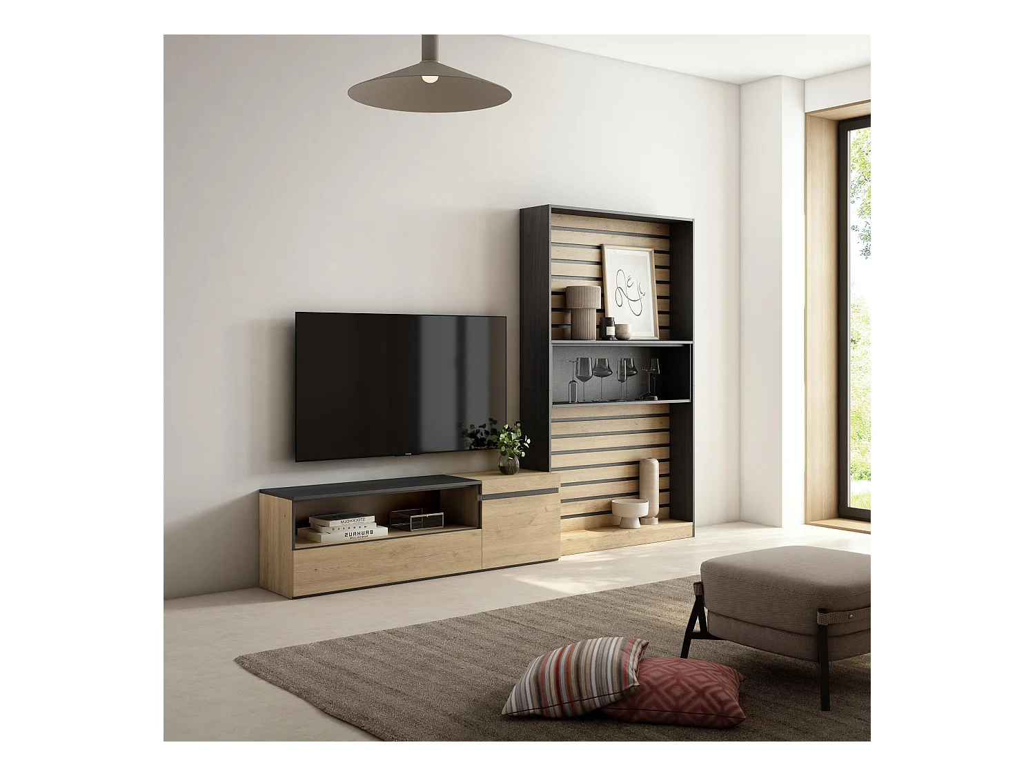 Ensemble Meuble TV, 260x35x186cm, Pour les TV jusqu'à 65", Salon Complet, Chêne et noir