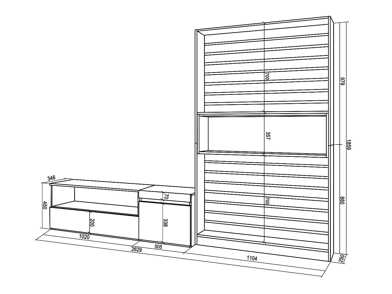 Ensemble Meuble TV, 260x35x186cm, Pour les TV jusqu'à 65", Salon Complet, Chêne et noir