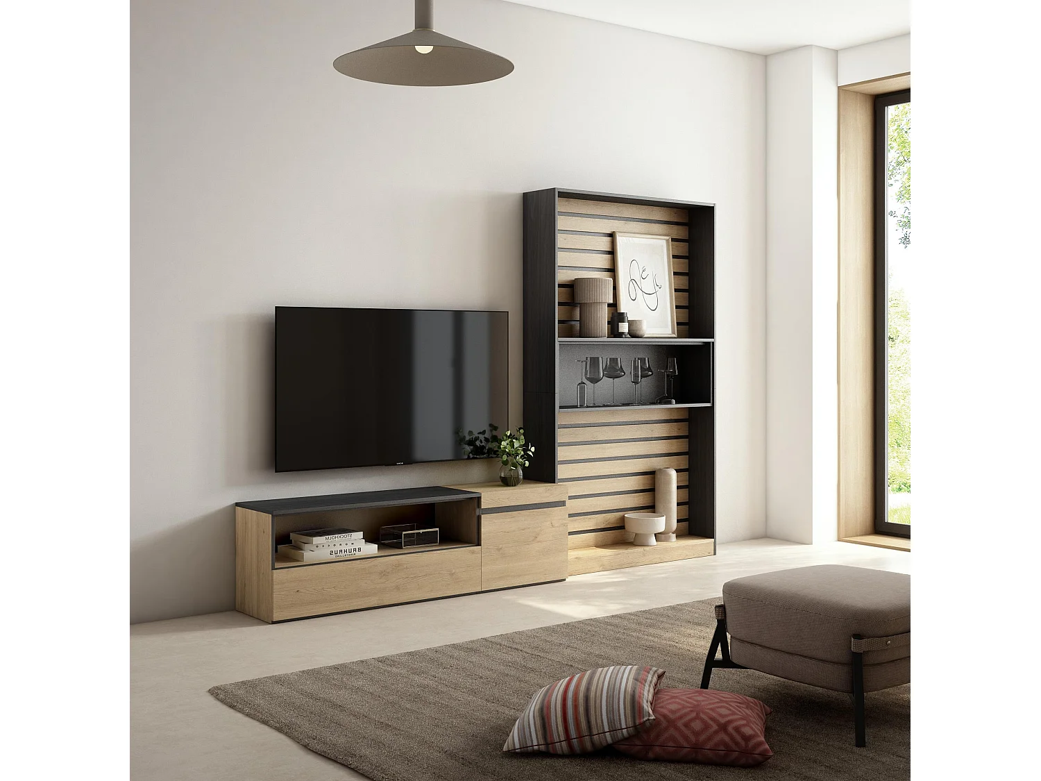 Ensemble Meuble TV, 260x35x186cm, Pour les TV jusqu'à 65", Salon Complet, Chêne et noir