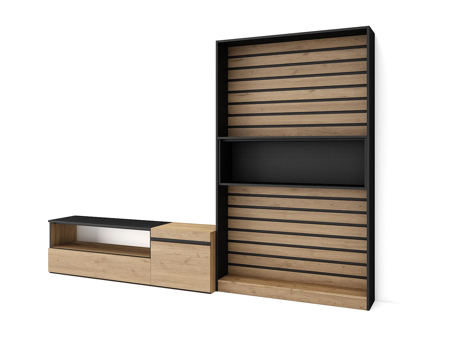 Ensemble Meuble TV, 260x35x186cm, Pour les TV jusqu'à 65", Salon Complet, Chêne et noir