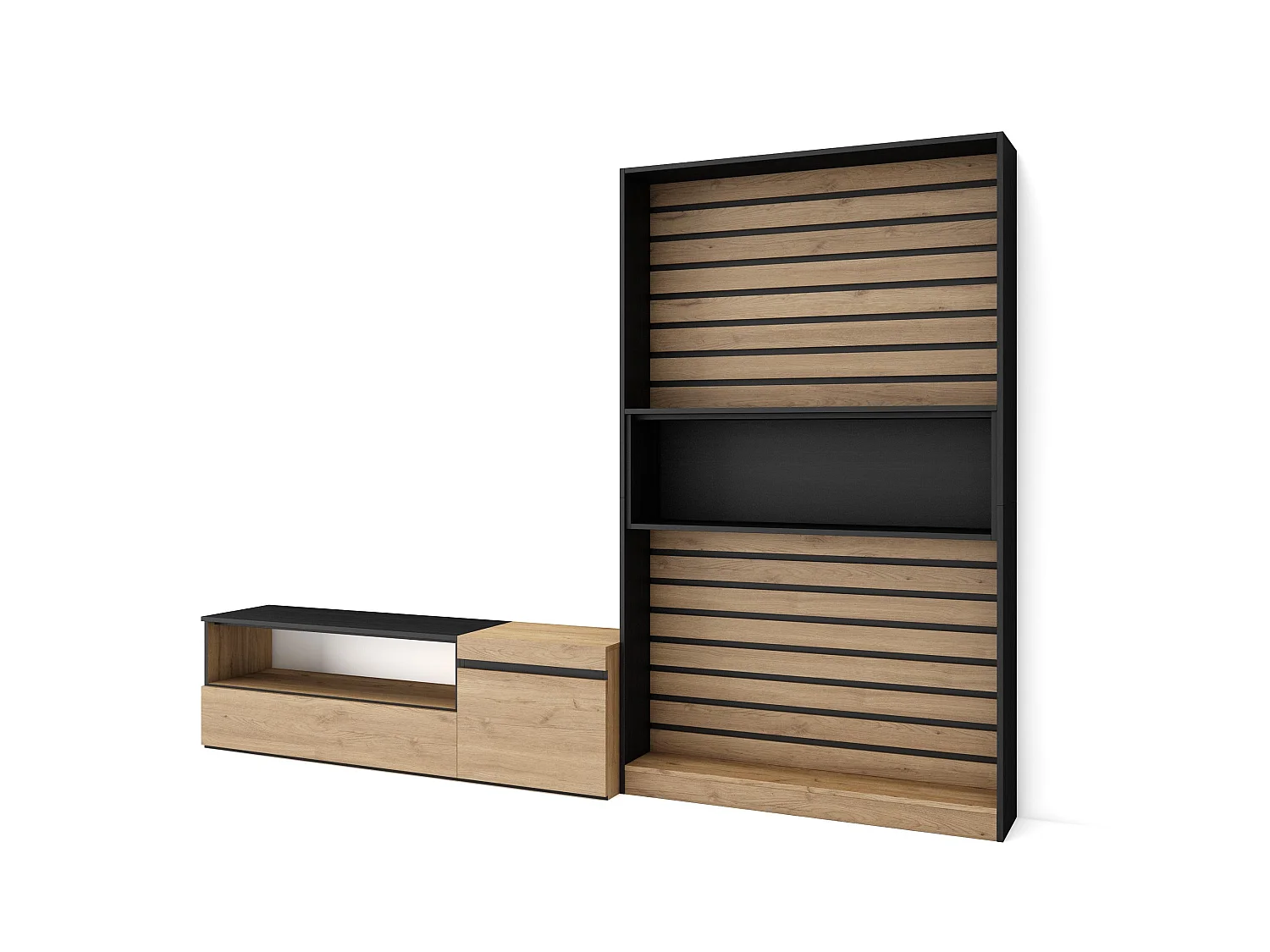 Ensemble Meuble TV, 260x35x186cm, Pour les TV jusqu'à 65", Salon Complet, Chêne et noir