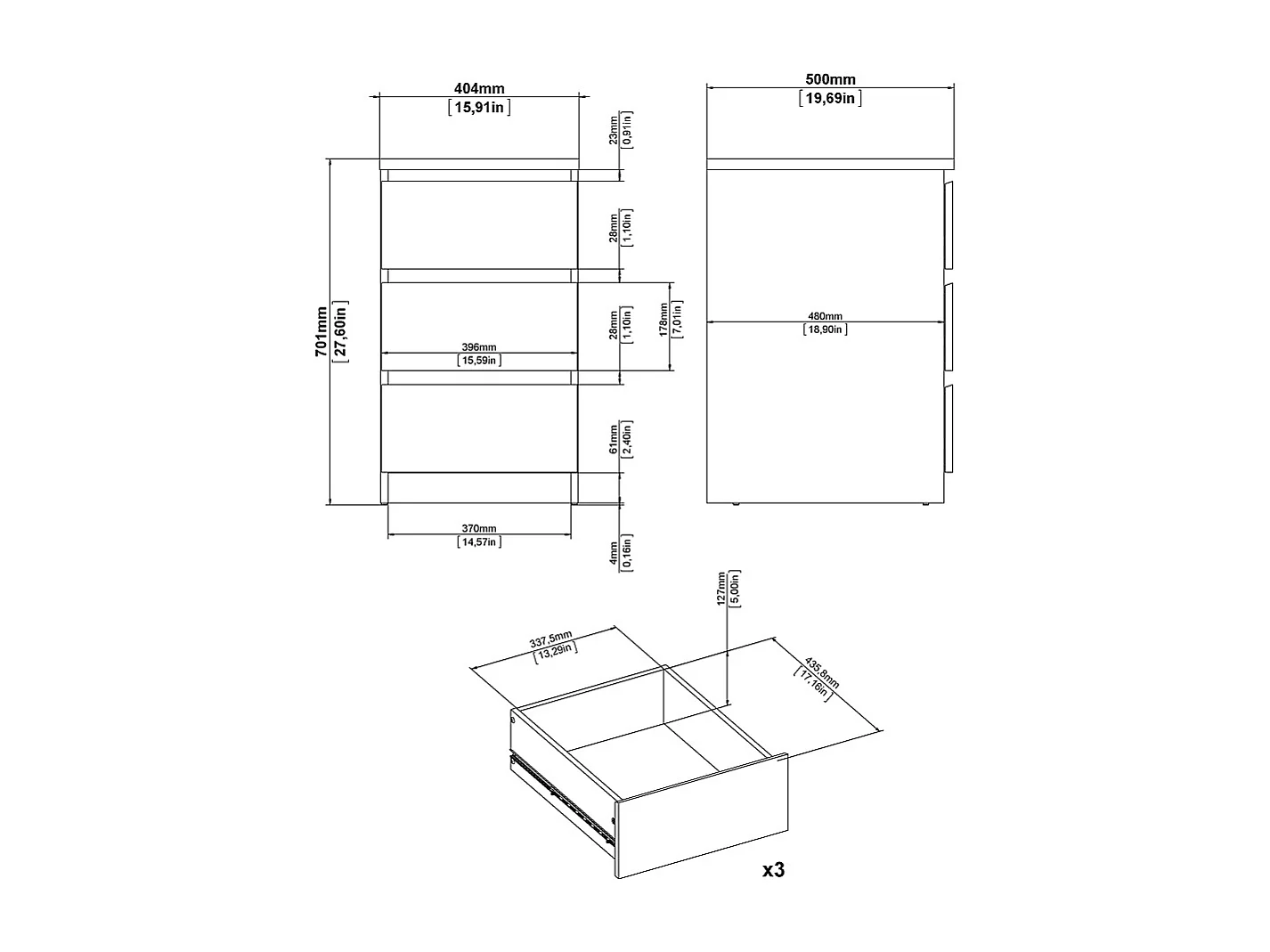 Nada Commode basse et étroite à 3 tiroirs, aspect béton, blanc brillant.