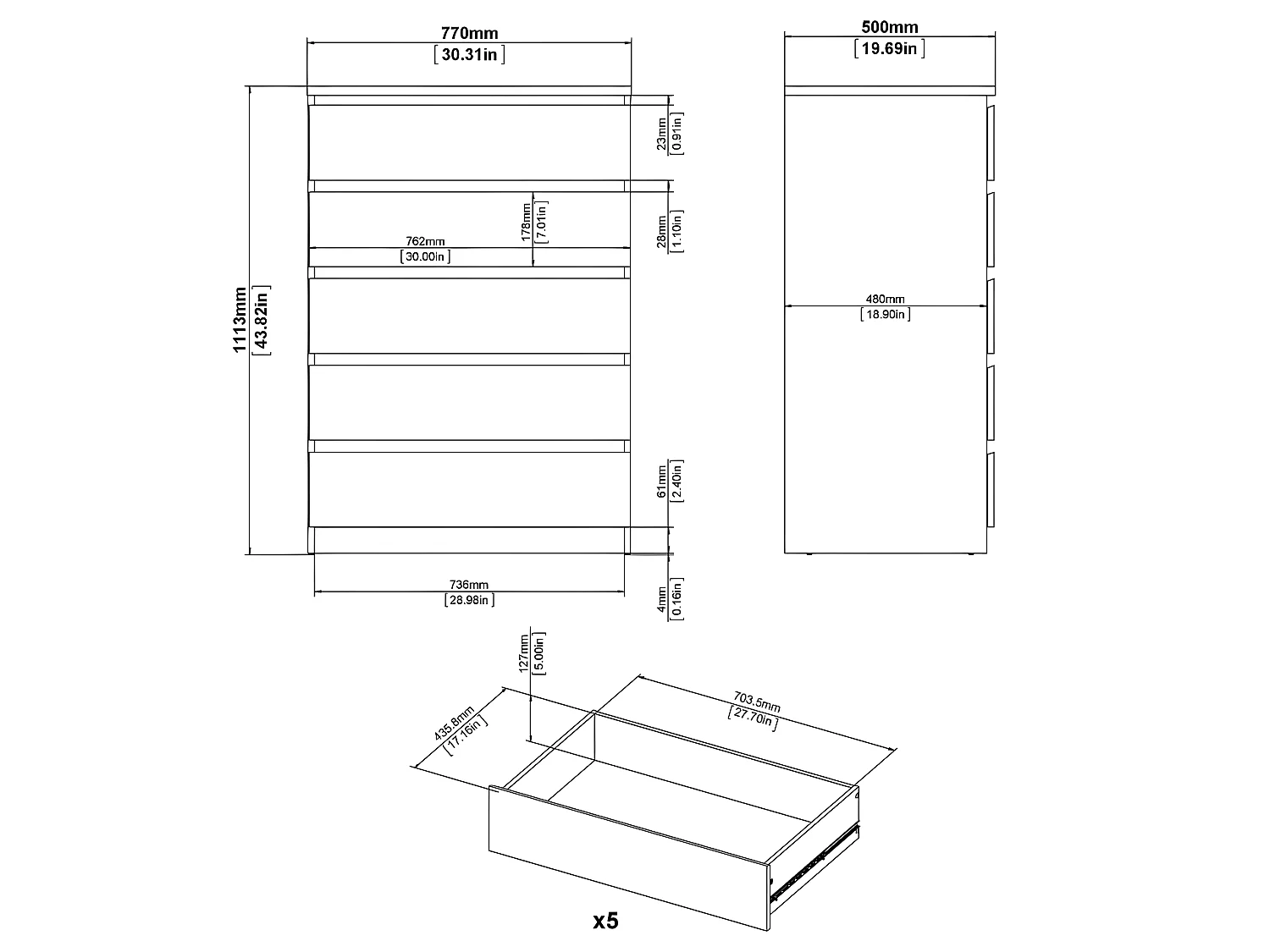 Nada Kommode hoch mit 5 Schubladen, beton dekor,weiss hochglanz.