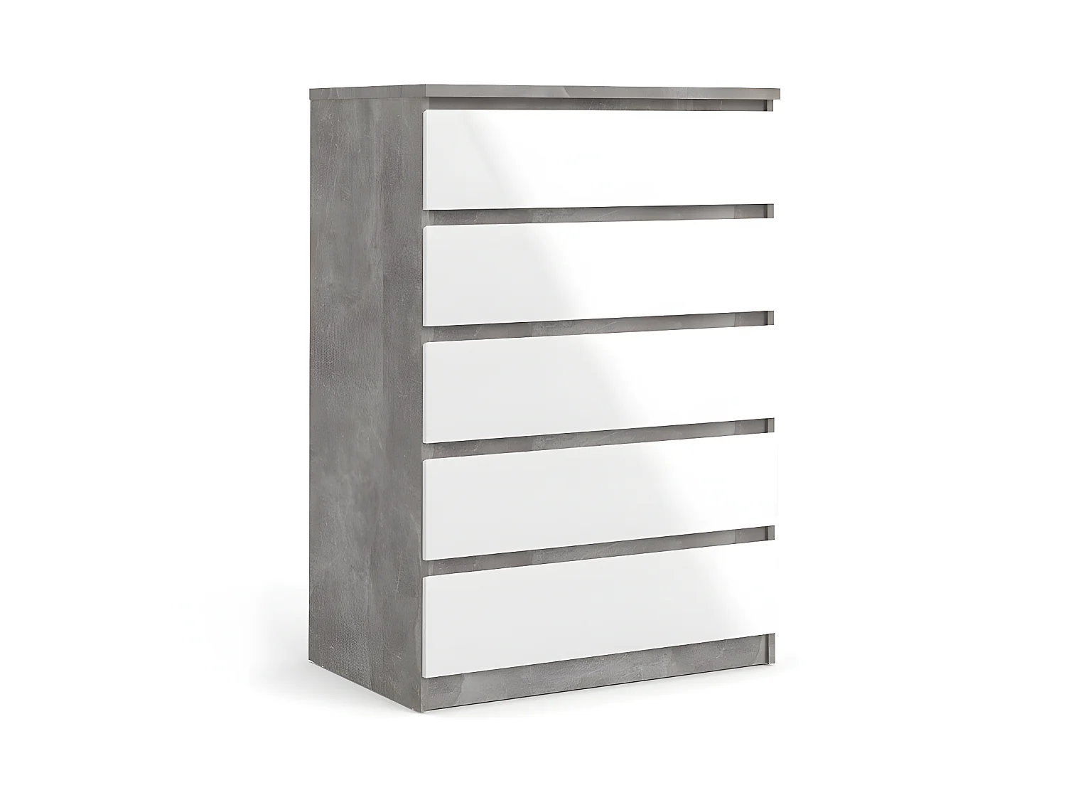Nada Commode haute à 5 tiroirs, aspect béton, blanc brillant.