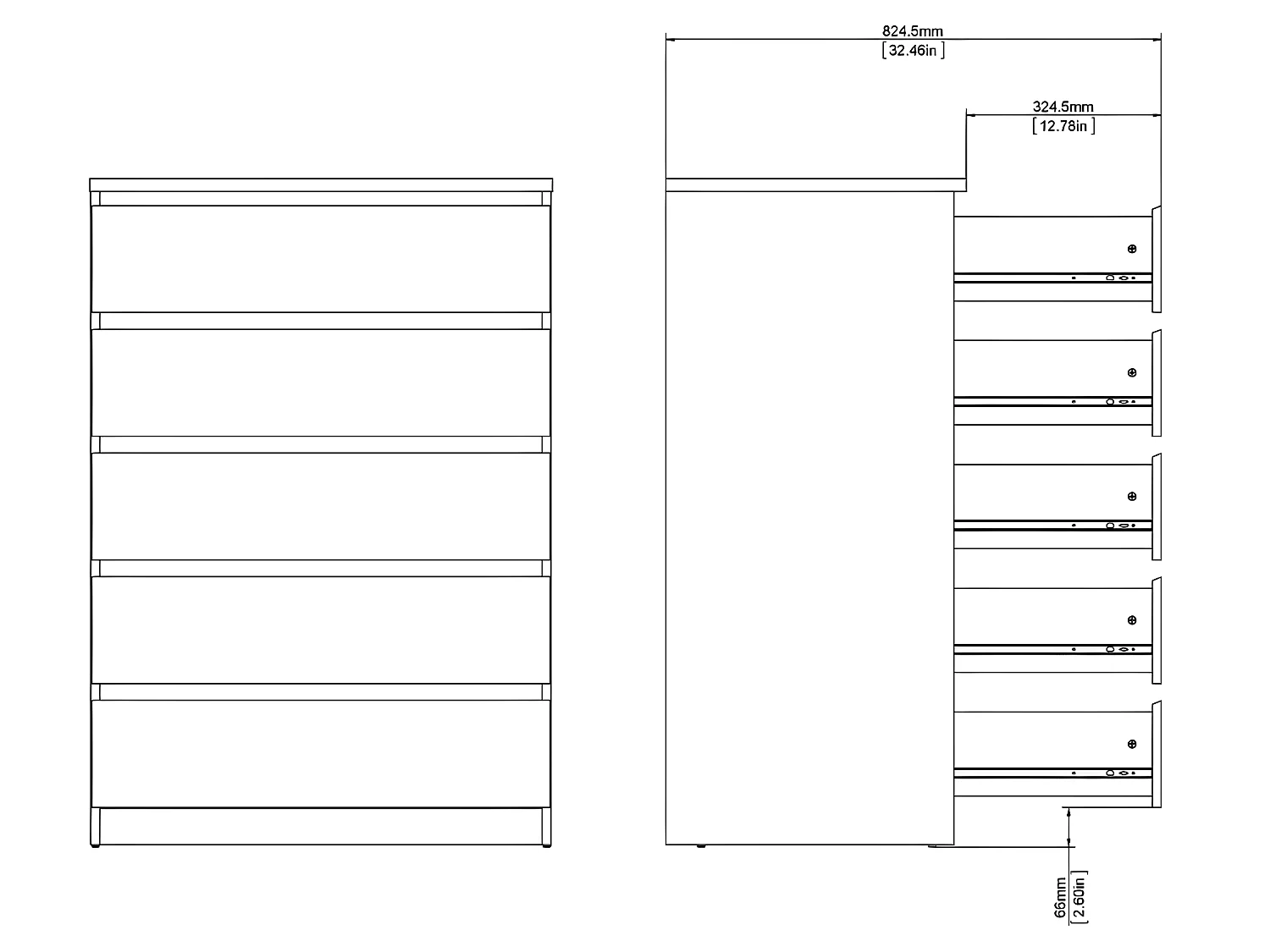 Nada kommode hoog met 5 lades, betondecor/wit hoogglans.