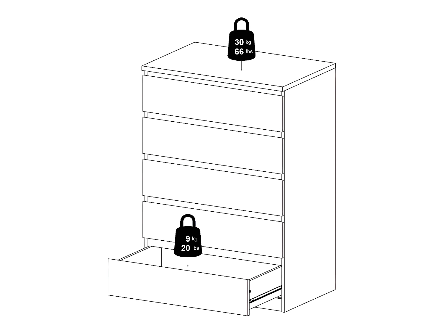 Nada kommode hoog met 5 lades, betondecor/wit hoogglans.