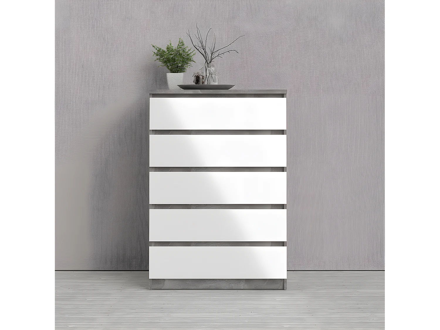 Nada kommode hoog met 5 lades, betondecor/wit hoogglans.