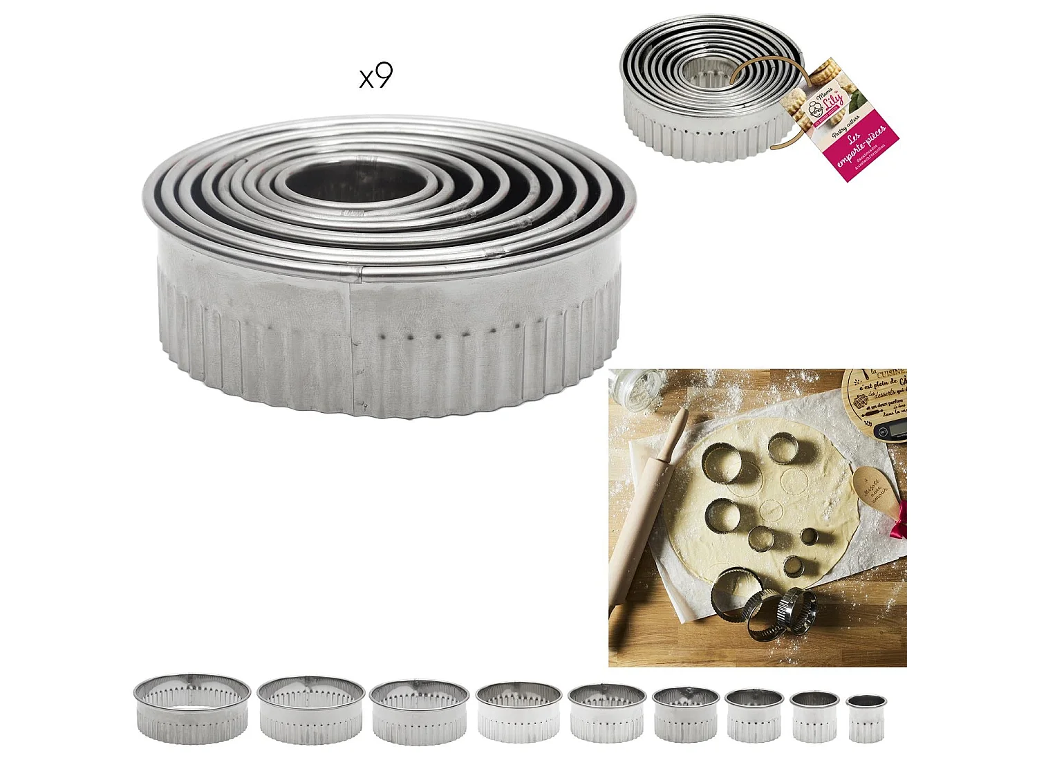 Lot de 9 Emporte-Pièces "Mamie Lily" 9cm Argent