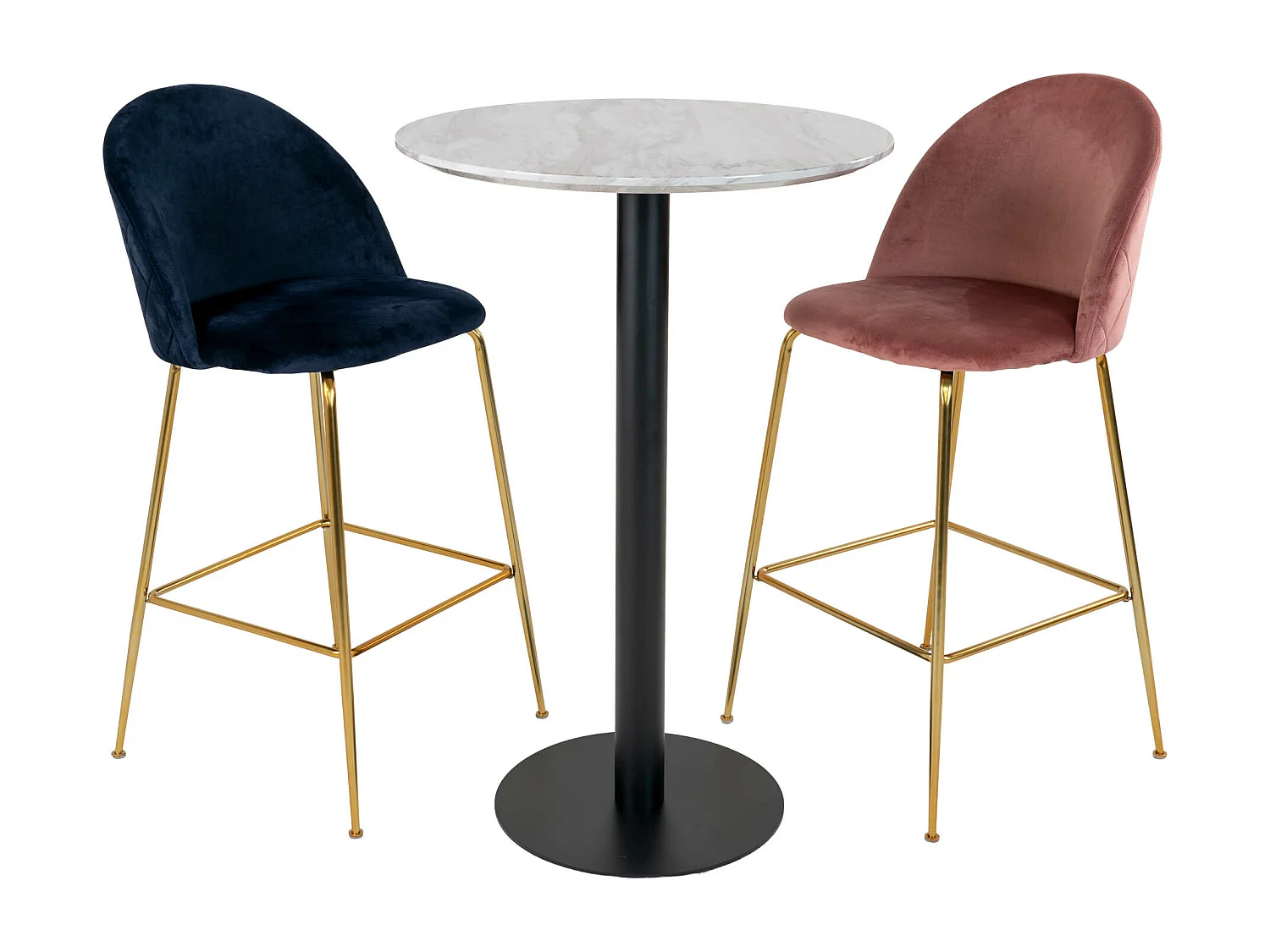 Bolzano bartafel Ø70 cm marmerlook, zwarte poten, wit.