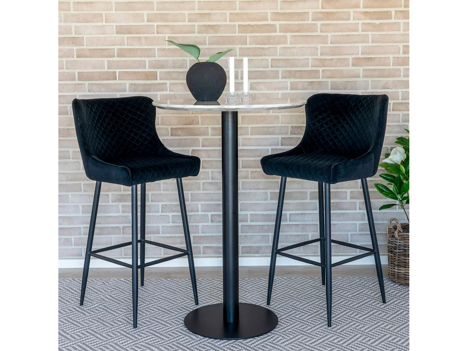 Bolzano bartafel Ø70 cm marmerlook, zwarte poten, wit.