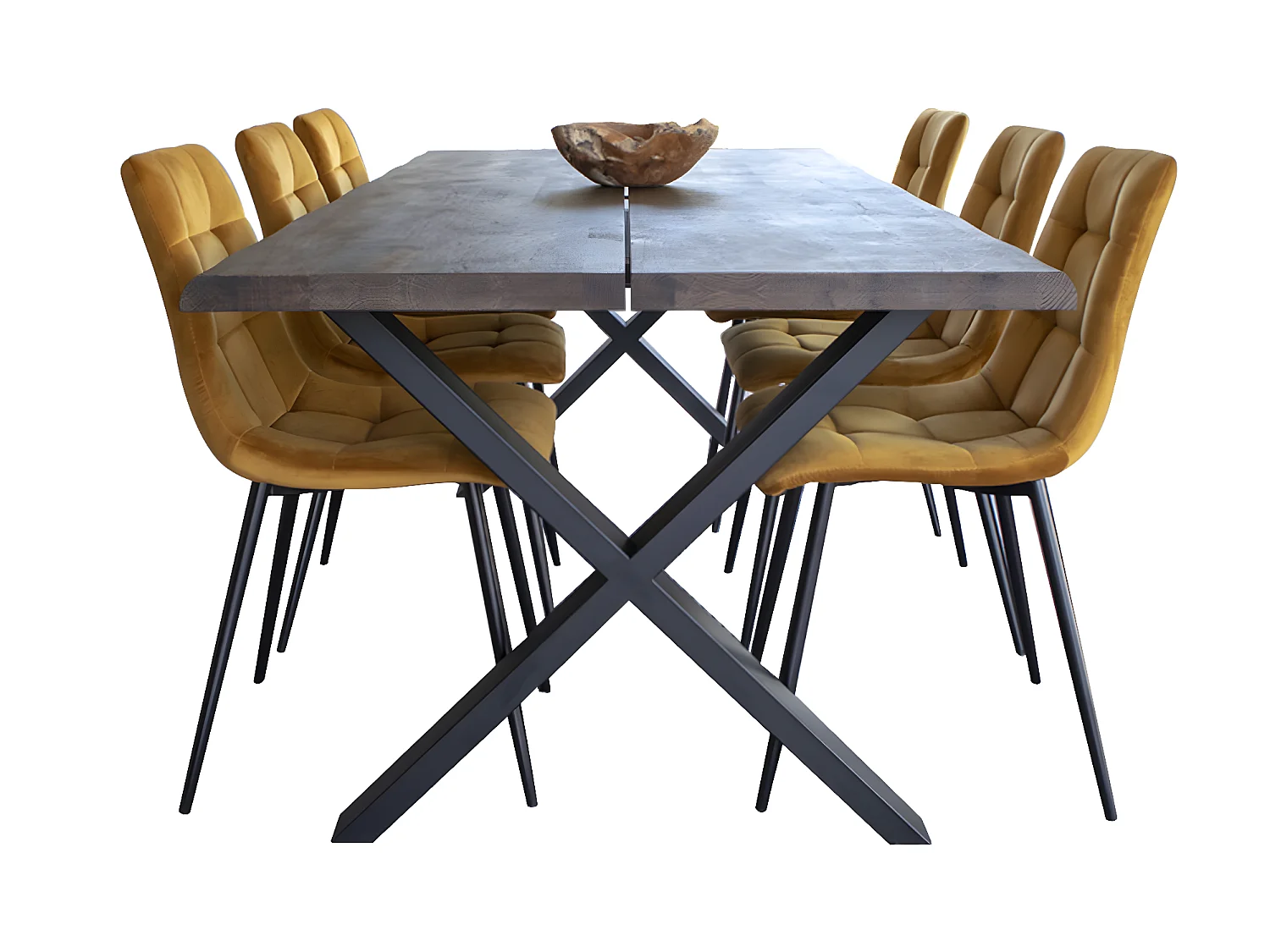 Tony Salle à manger, 1 table à manger et 6 chaises, jaune et chêne.