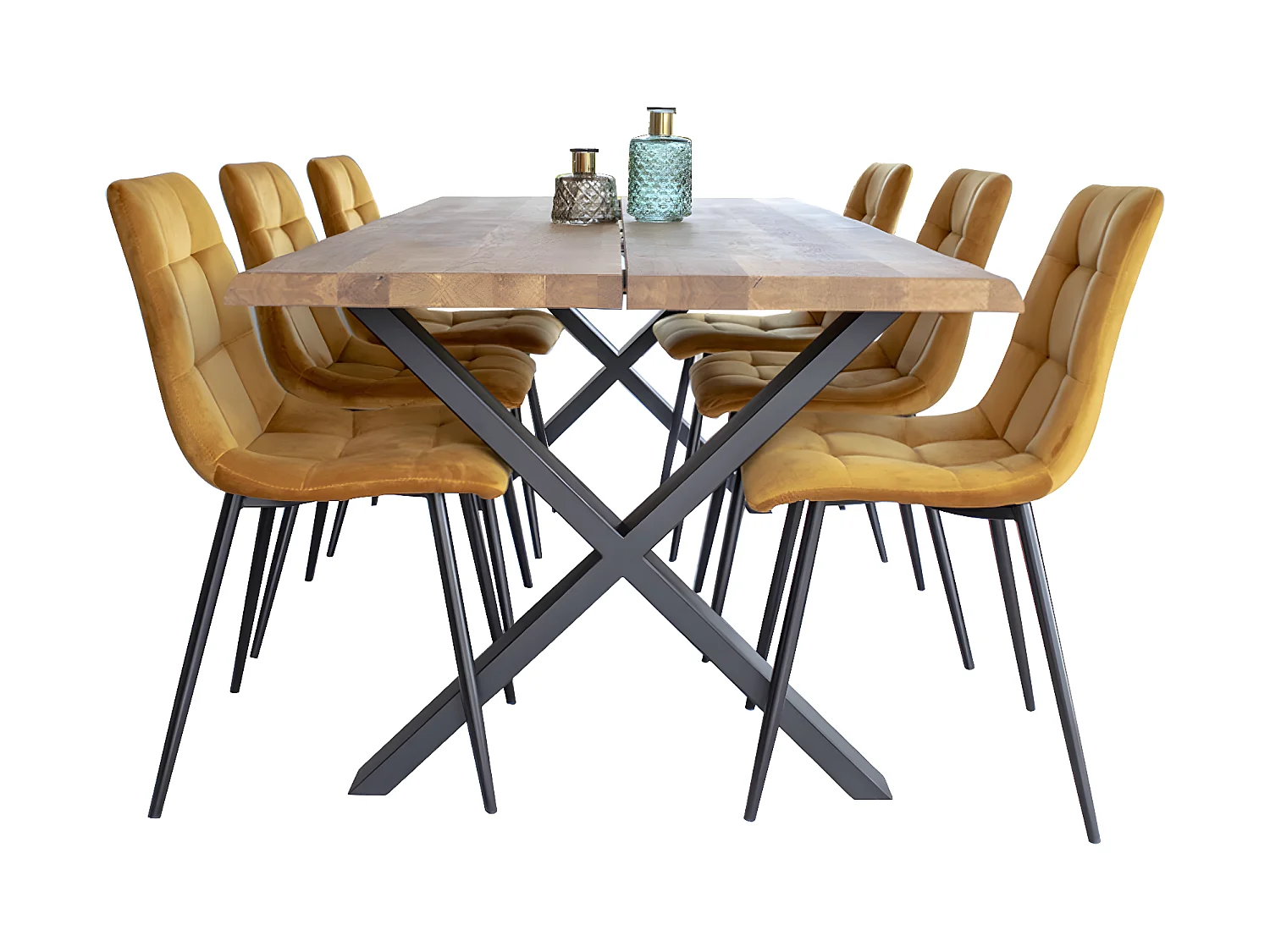 Tony Salle à manger, 1 table à manger et 6 chaises, jaune et chêne.