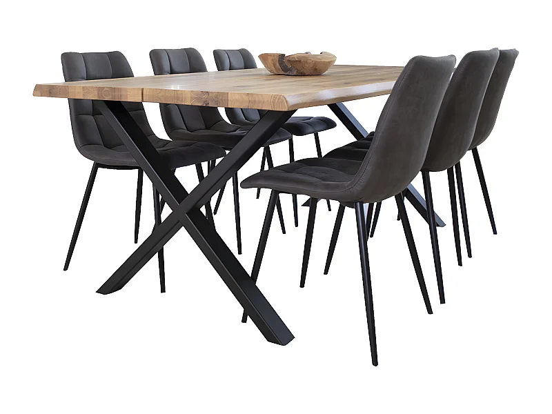 Tony eethoek , 1 eetkamertafel en 6 eetkamerstoelen, donker grijs en eik.