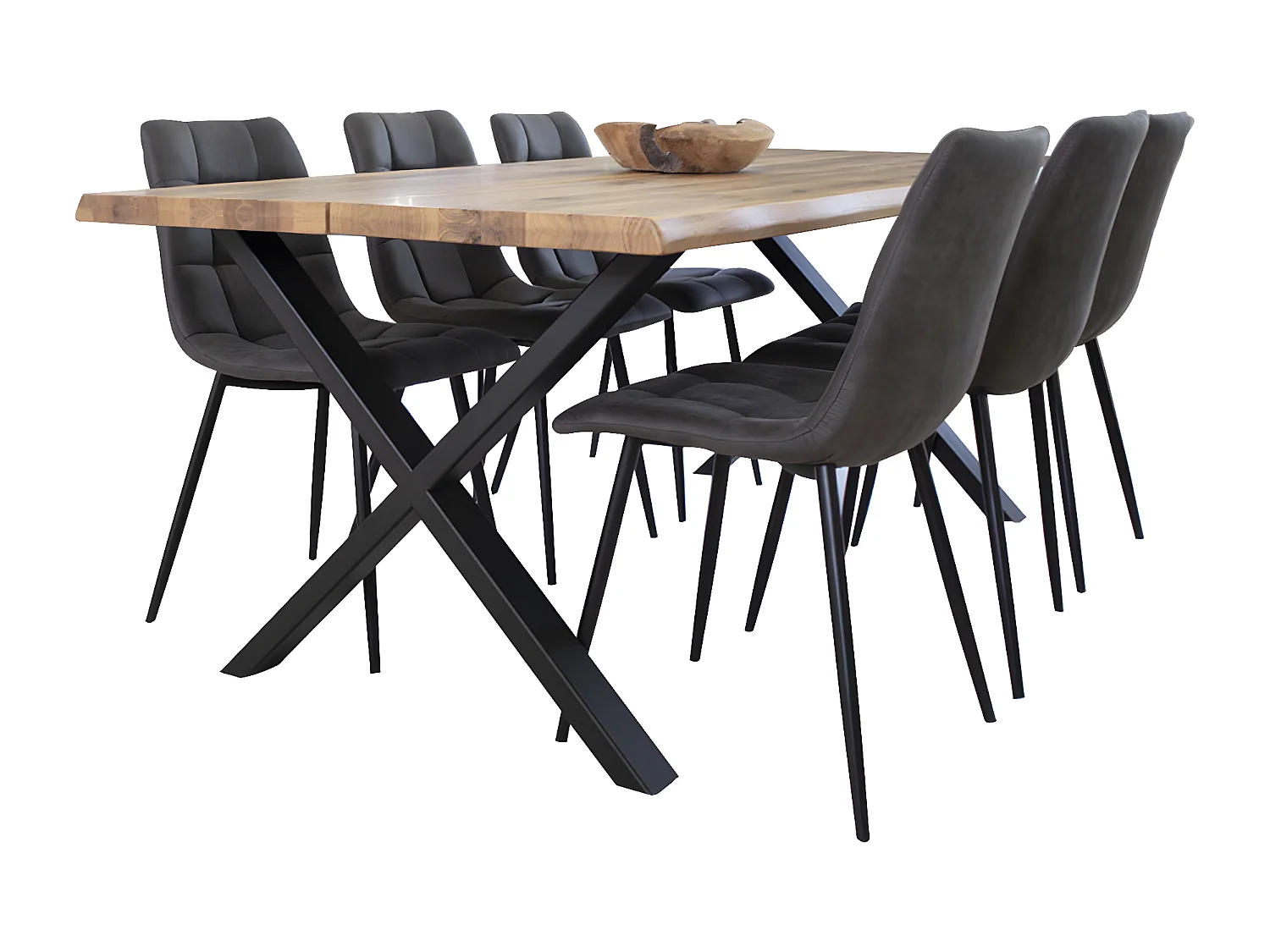 Tony eethoek , 1 eetkamertafel en 6 eetkamerstoelen, donker grijs en eik.