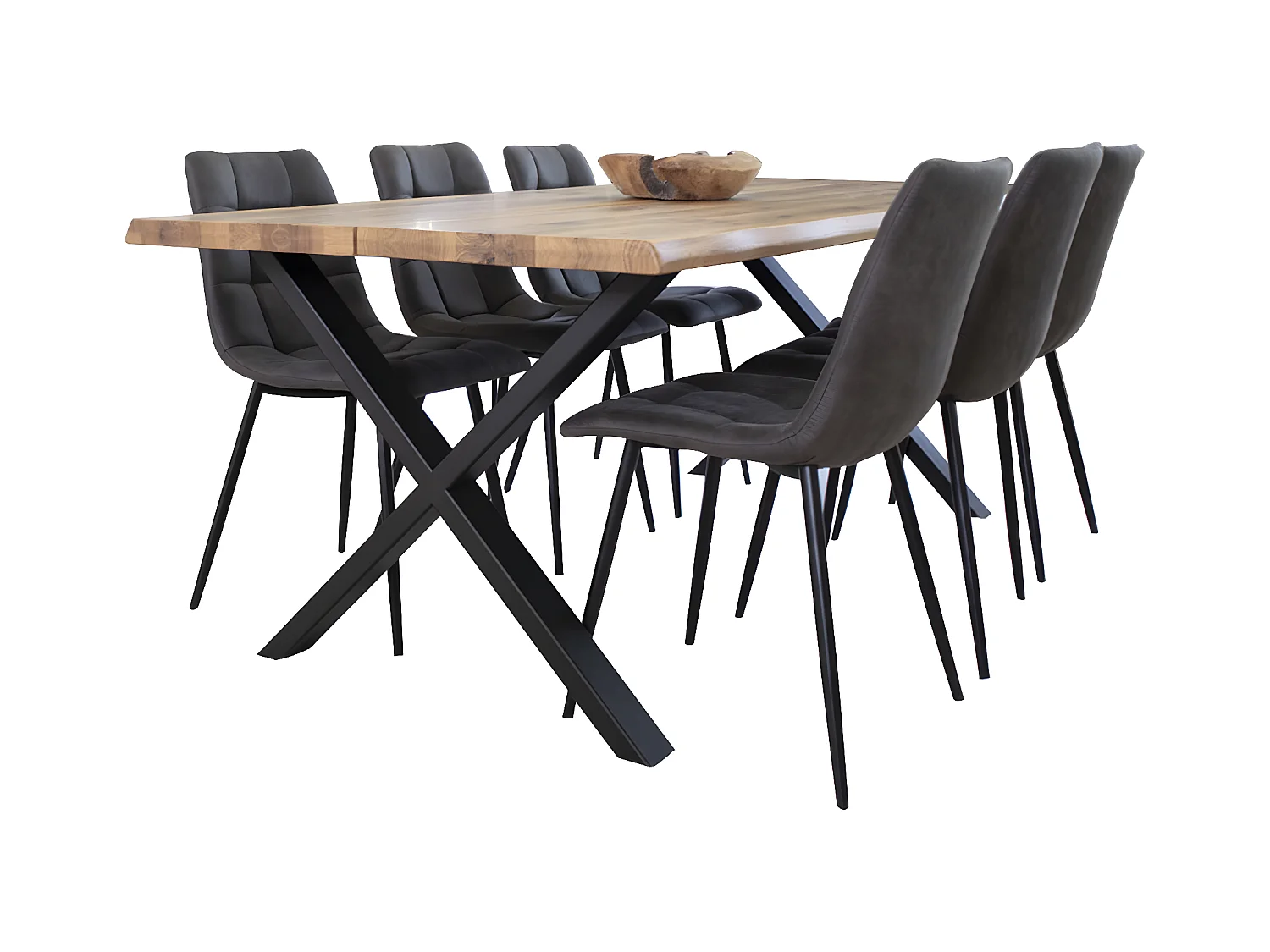 Tony Essgruppe , 1 Esstisch und 6 Stühlen, dunkel grau und Eiche.