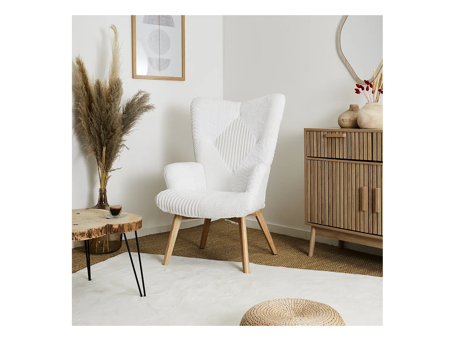 Fauteuil Helsinki Patchwork Blanc Beige, Marron