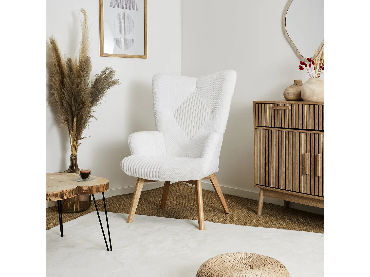 Fauteuil Helsinki Patchwork Blanc Beige, Marron