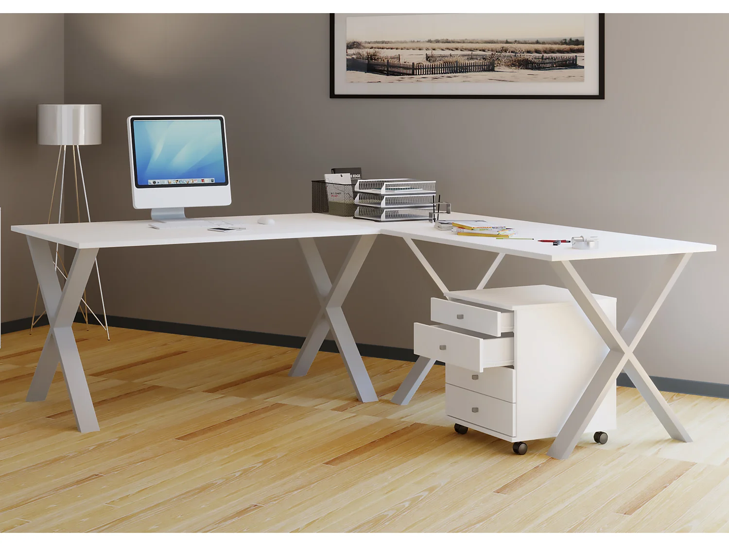Desk Lona Silver / White H. 76 x W. 220 x D. 160 cm