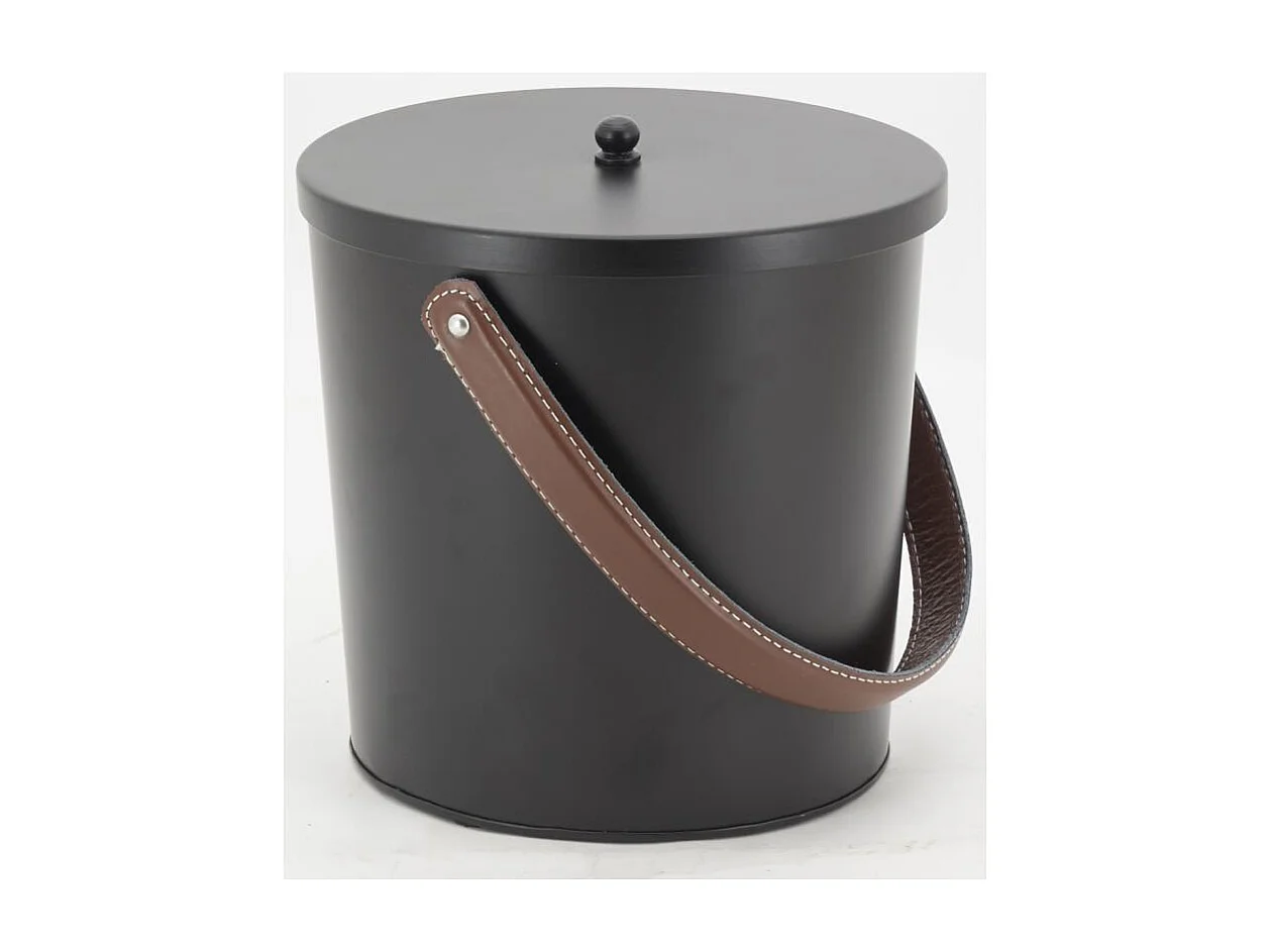 Seau à cendres en métal noir et cuir