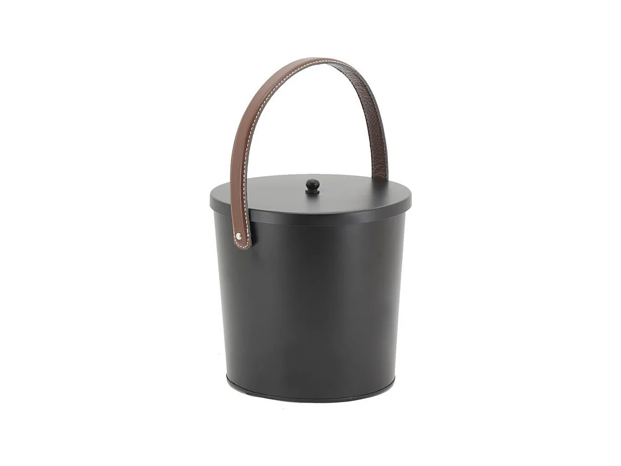 Seau à cendres en métal noir et cuir