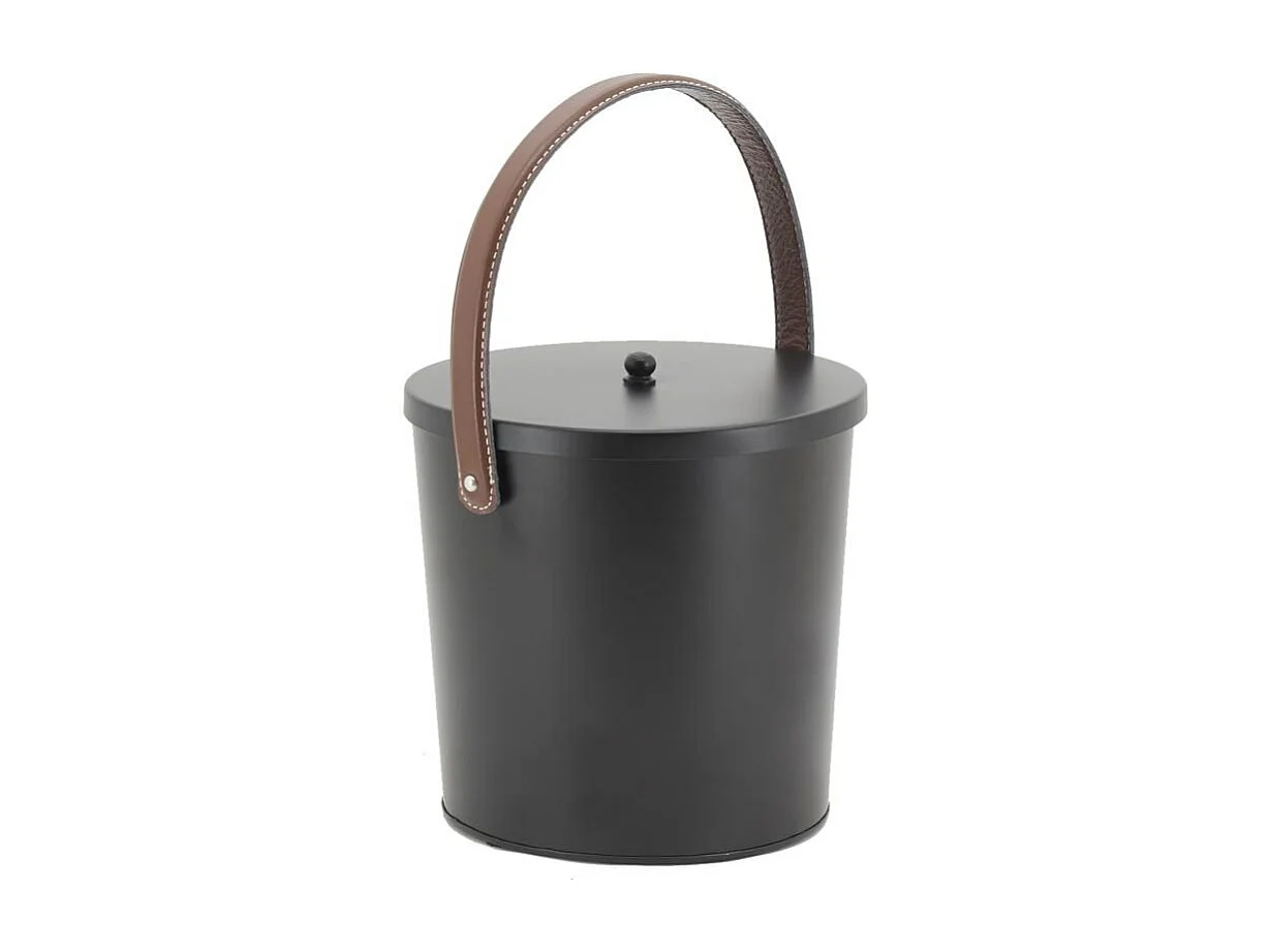 Seau à cendres en métal noir et cuir