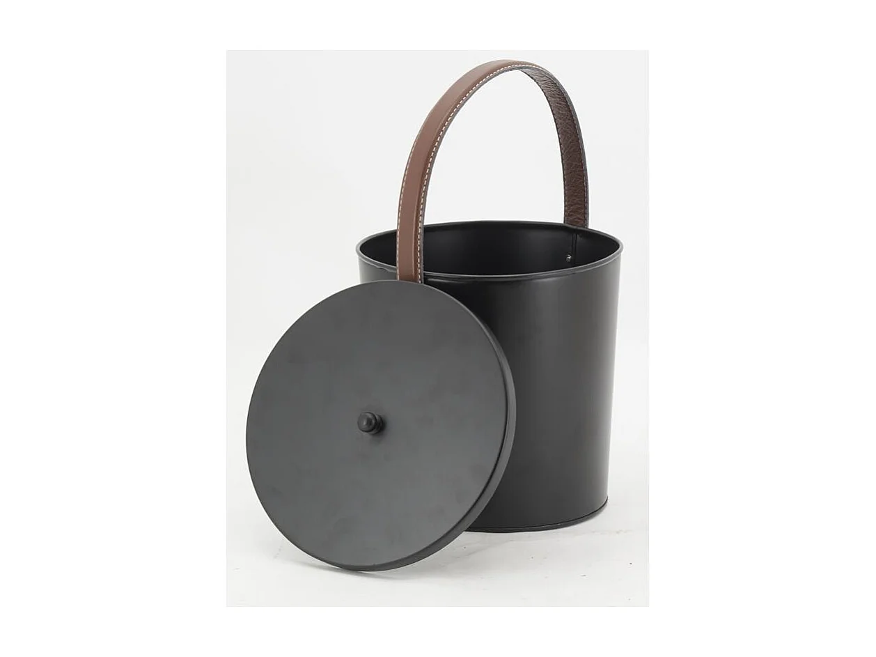 Seau à cendres en métal noir et cuir