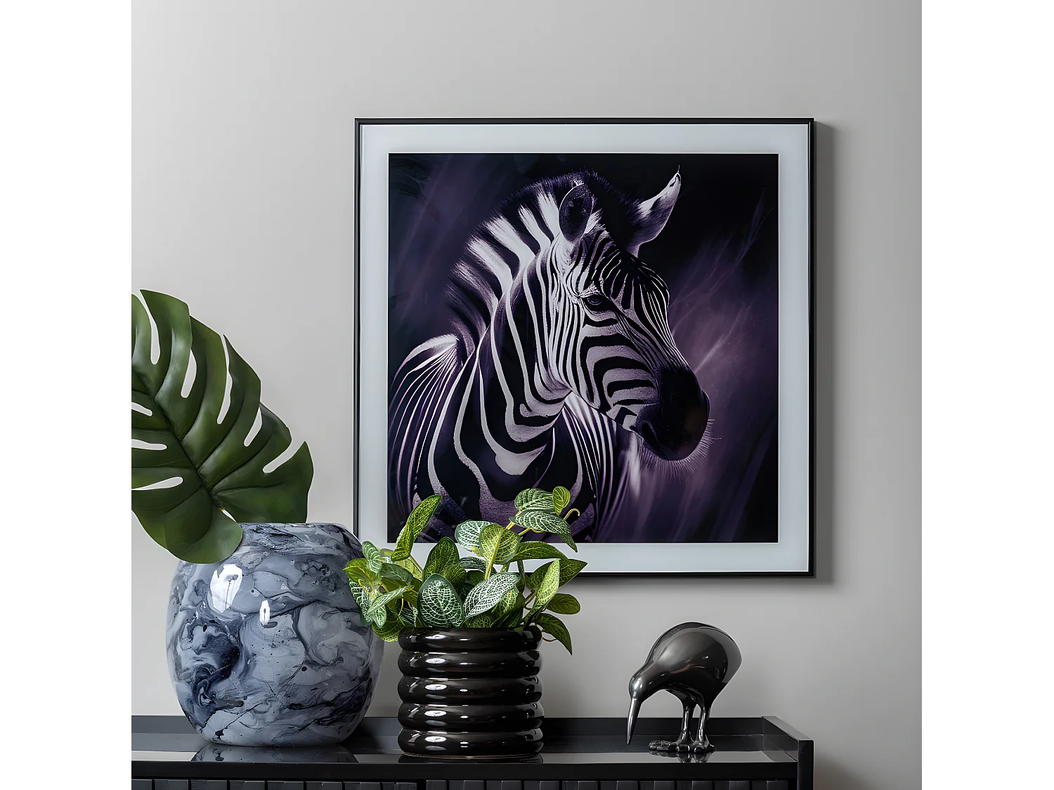 Cadre et photo d'art noir et blanc Zèbre Noir  Present Time